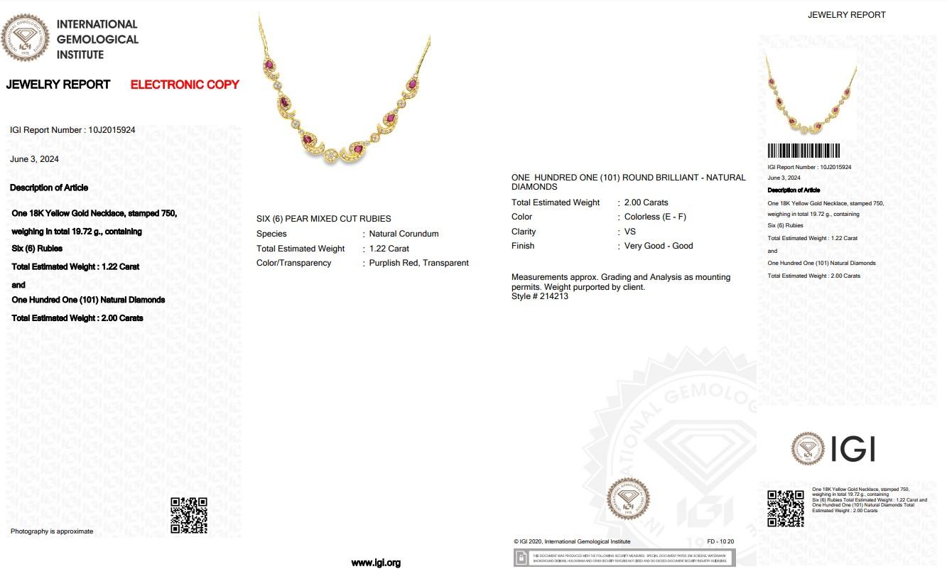 Women's Dazzling 3.22ct Rubies and Diamonds Necklace in 18k Yellow Gold - IGI Certified