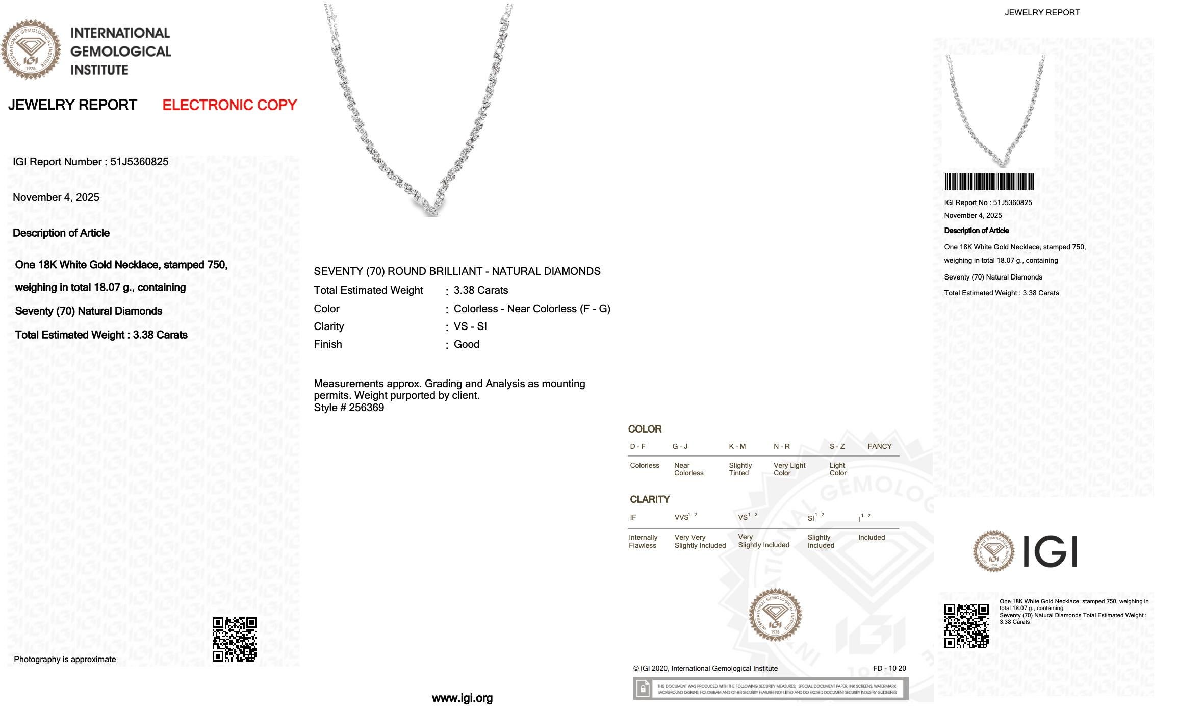 Collana di diamanti da 3,38 carati in oro bianco 18 carati - Certificato IGI in vendita 1