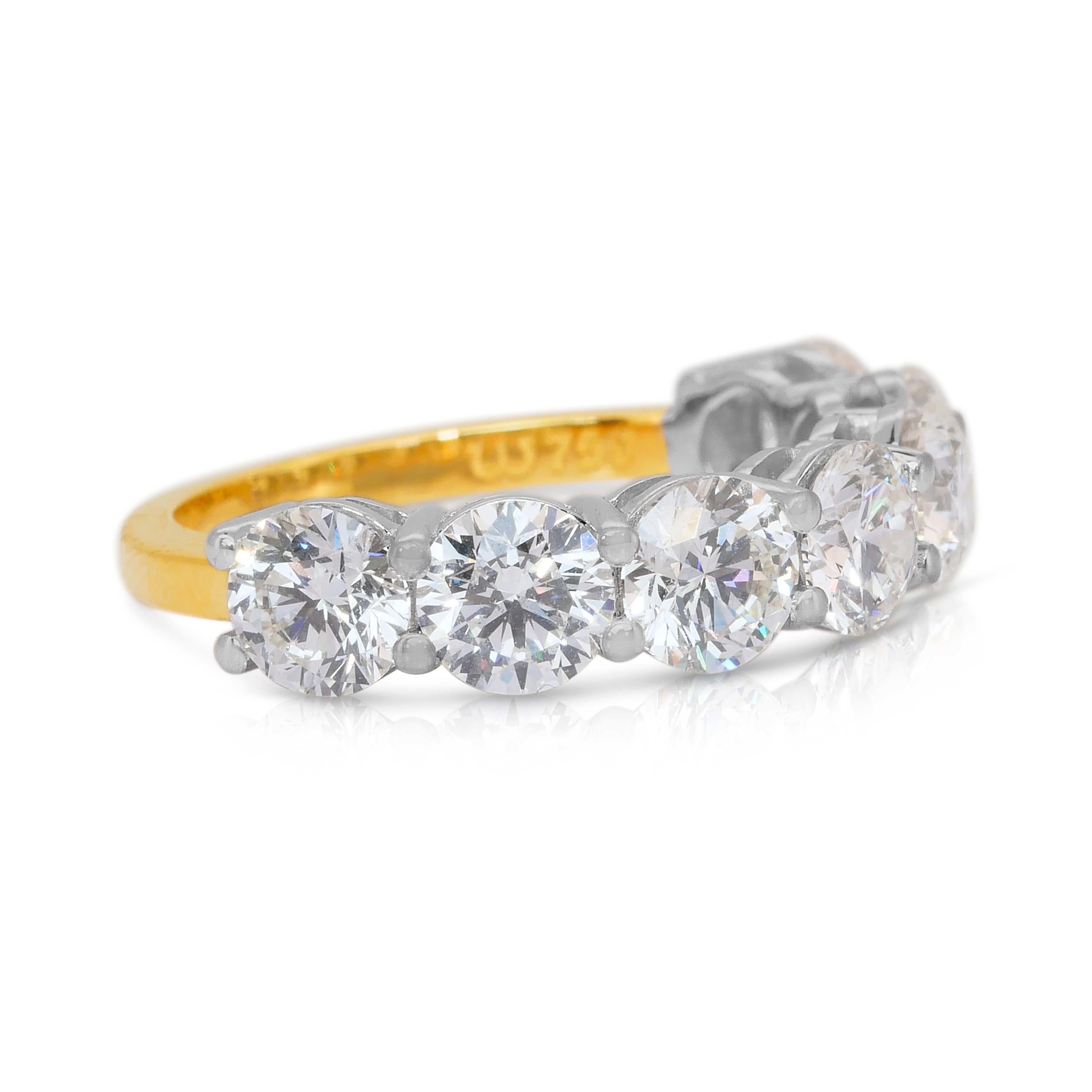 Taille ronde Éblouissante bague à 7 pierres en or blanc et jaune 18 carats de 3,63 ct de diamants - certifiée IGI en vente