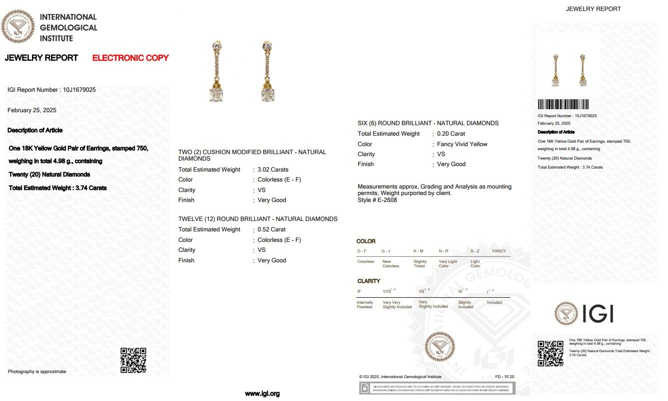 Orecchini pendenti con diamanti da 3,74 carati in oro giallo 18 carati - certificati IGI in vendita 1