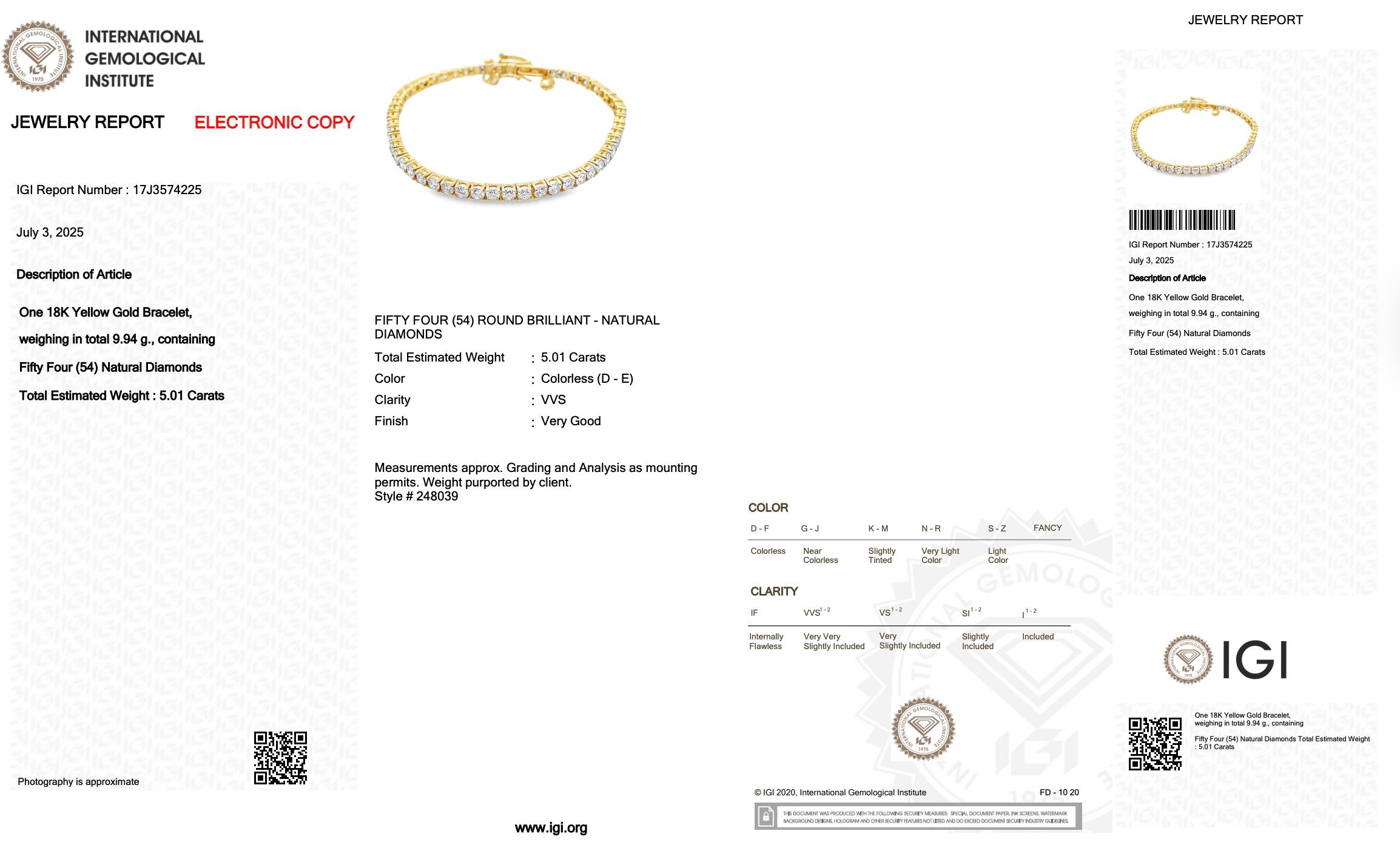 Bracelet éblouissant de 5,01ct de diamants naturels en or jaune 18k - certifié IGI Pour femmes en vente