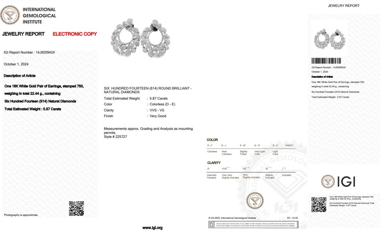 Women's Dazzling 5.87ct Diamonds Earrings in 18k White Gold - IGI Certified For Sale