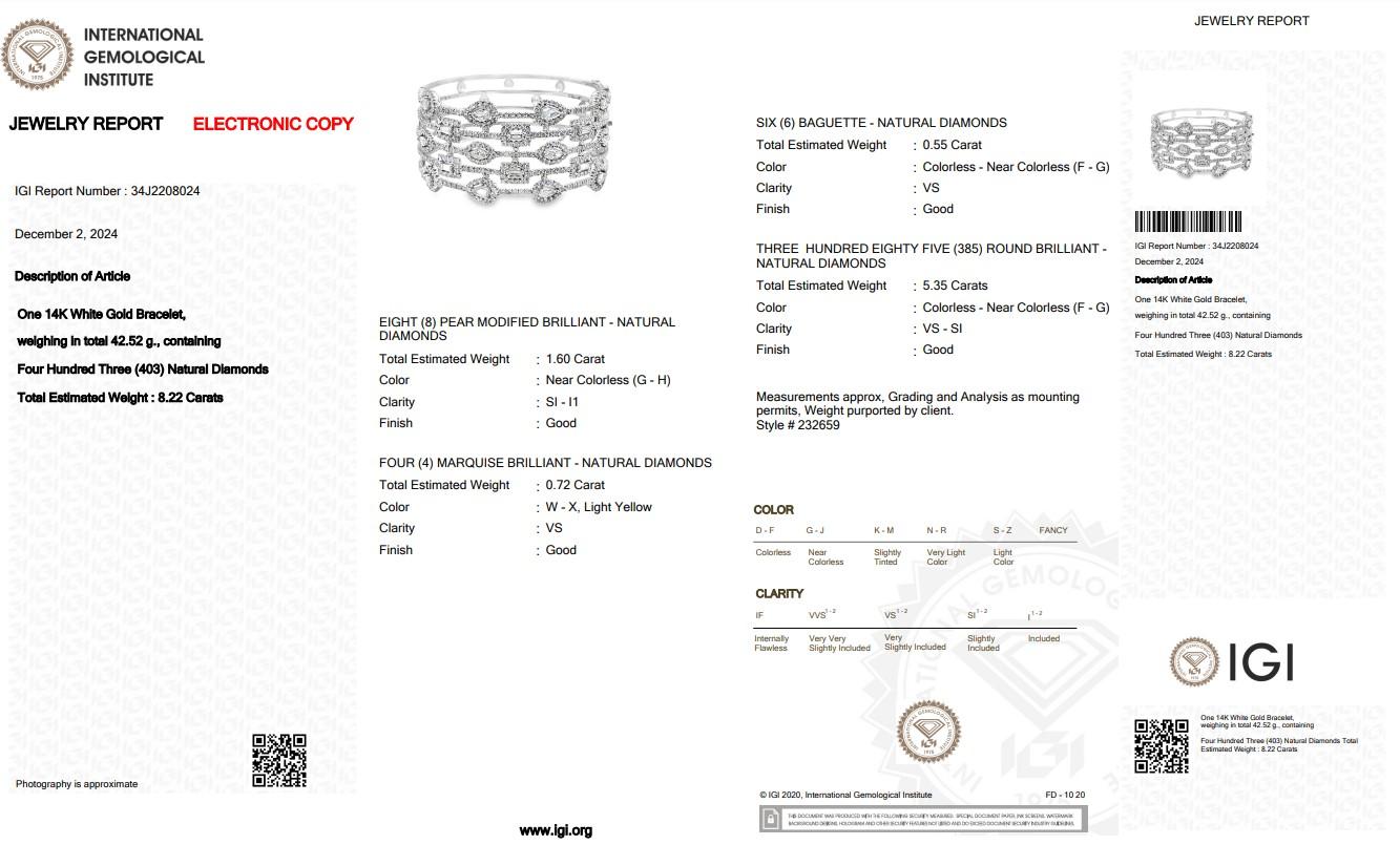 Dazzling 8.22ct Diamonds Bracelet in 14k White Gold - IGI Certified For Sale 1