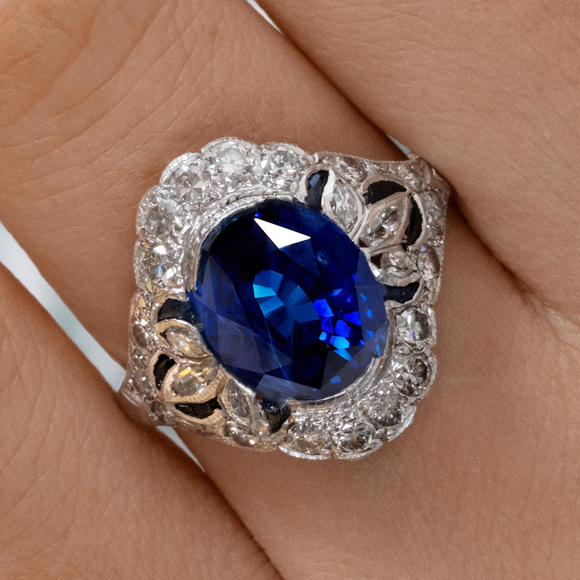 Dazzling Art Deco 7.10ctw GIA Ceylon Blue Sapphire Diamond Platinum Ring 9