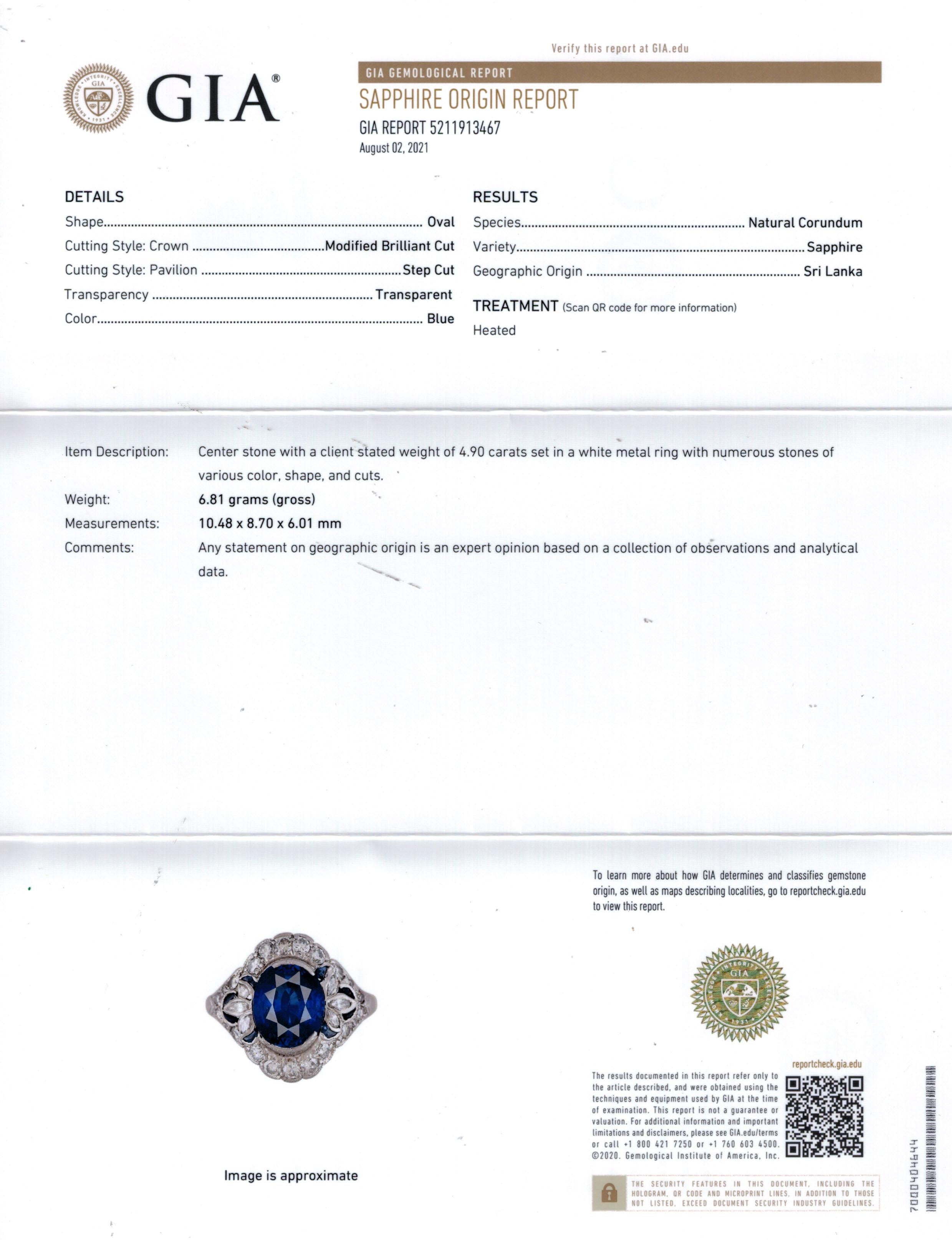 Oval Cut Dazzling Art Deco 7.10ctw GIA Ceylon Blue Sapphire Diamond Platinum Ring