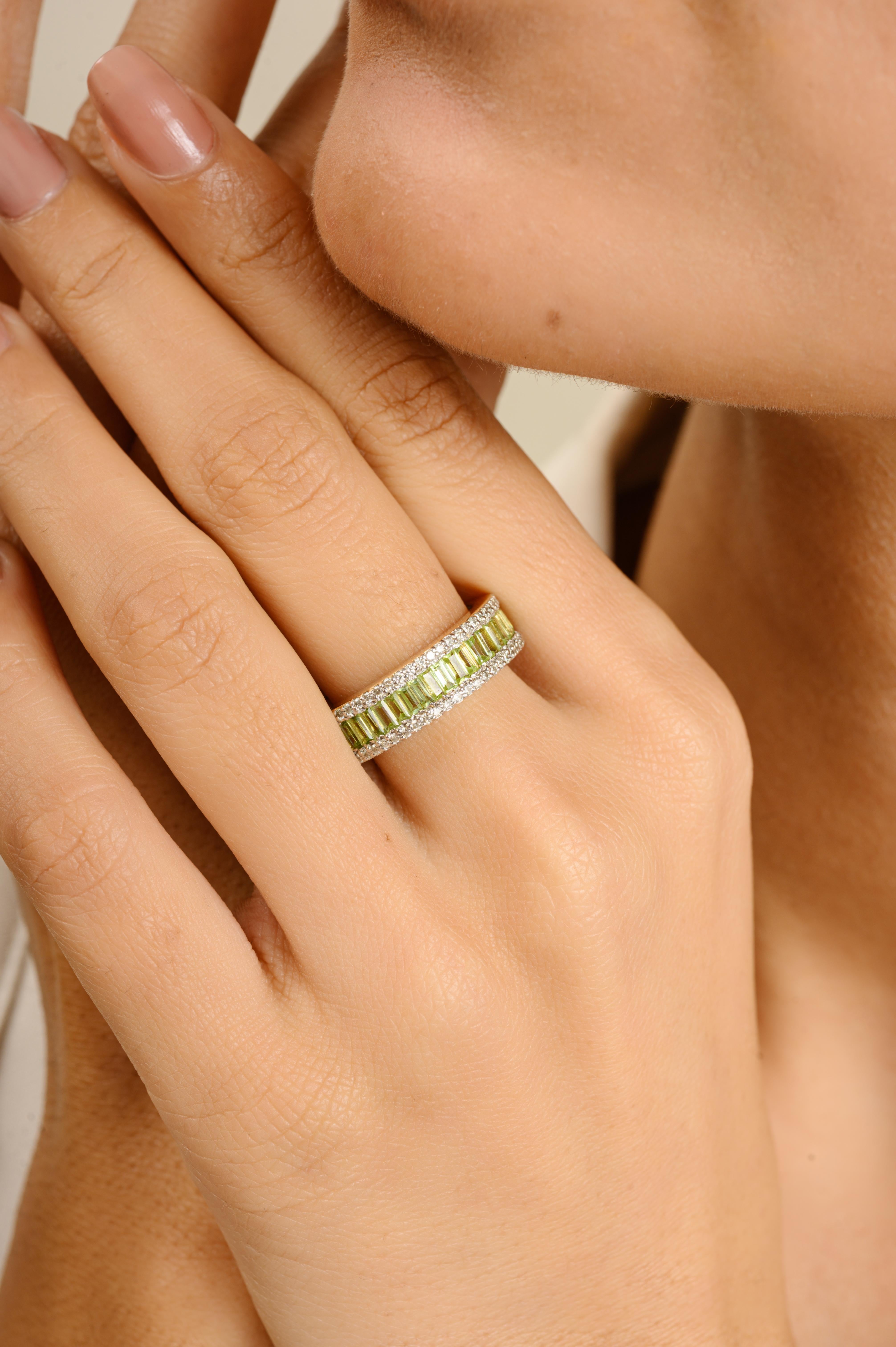 For Sale:  Dazzling Baguette Peridot Diamond Eternity Band Ring 14 Karat Solid Yellow Gold 2