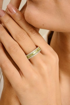 Dazzling Baguette Peridot Diamond Eternity Band Ring 14 Karat Solid Yellow Gold