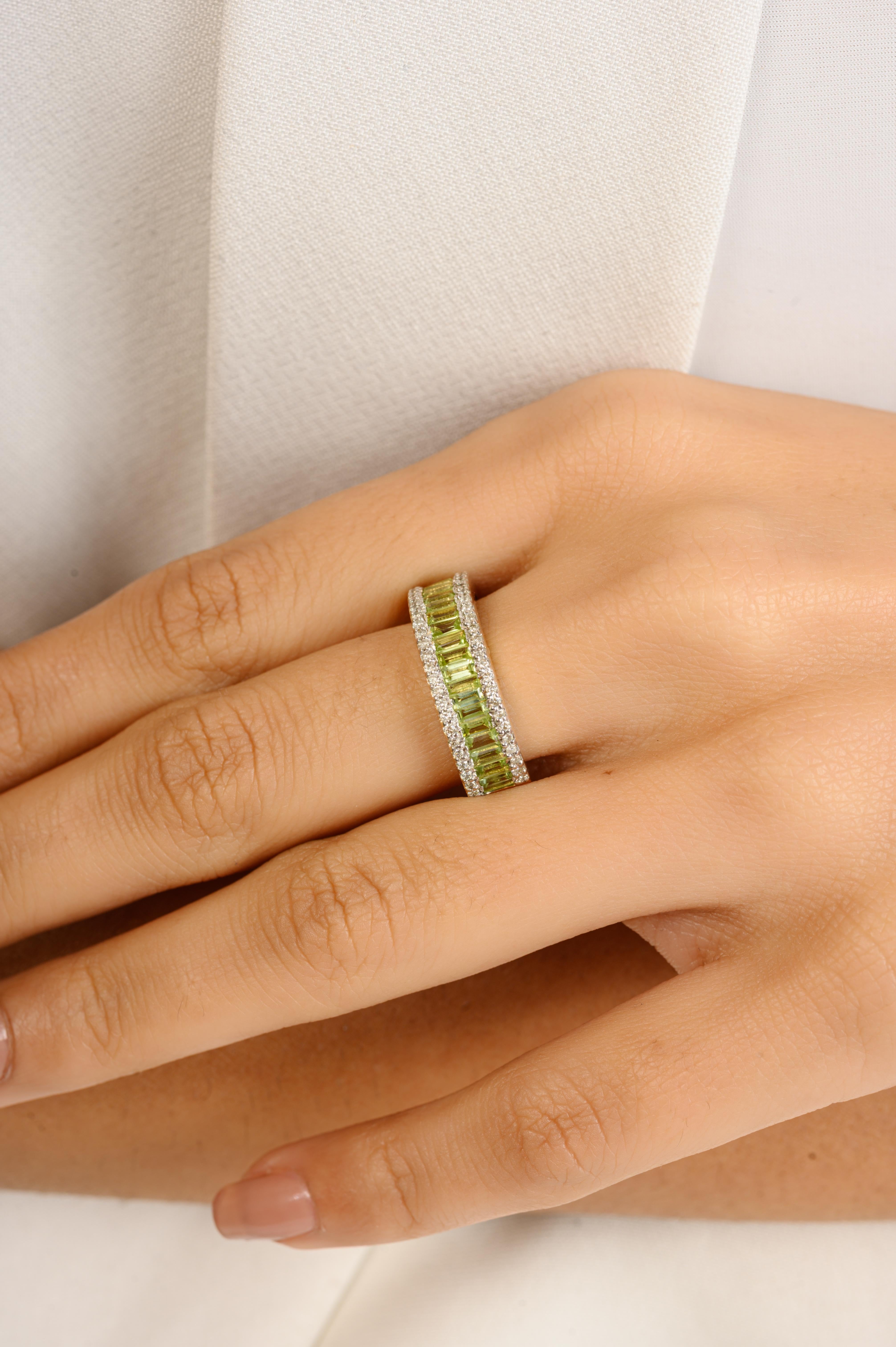 For Sale:  Dazzling Baguette Peridot Diamond Eternity Band Ring 14 Karat Solid Yellow Gold 3