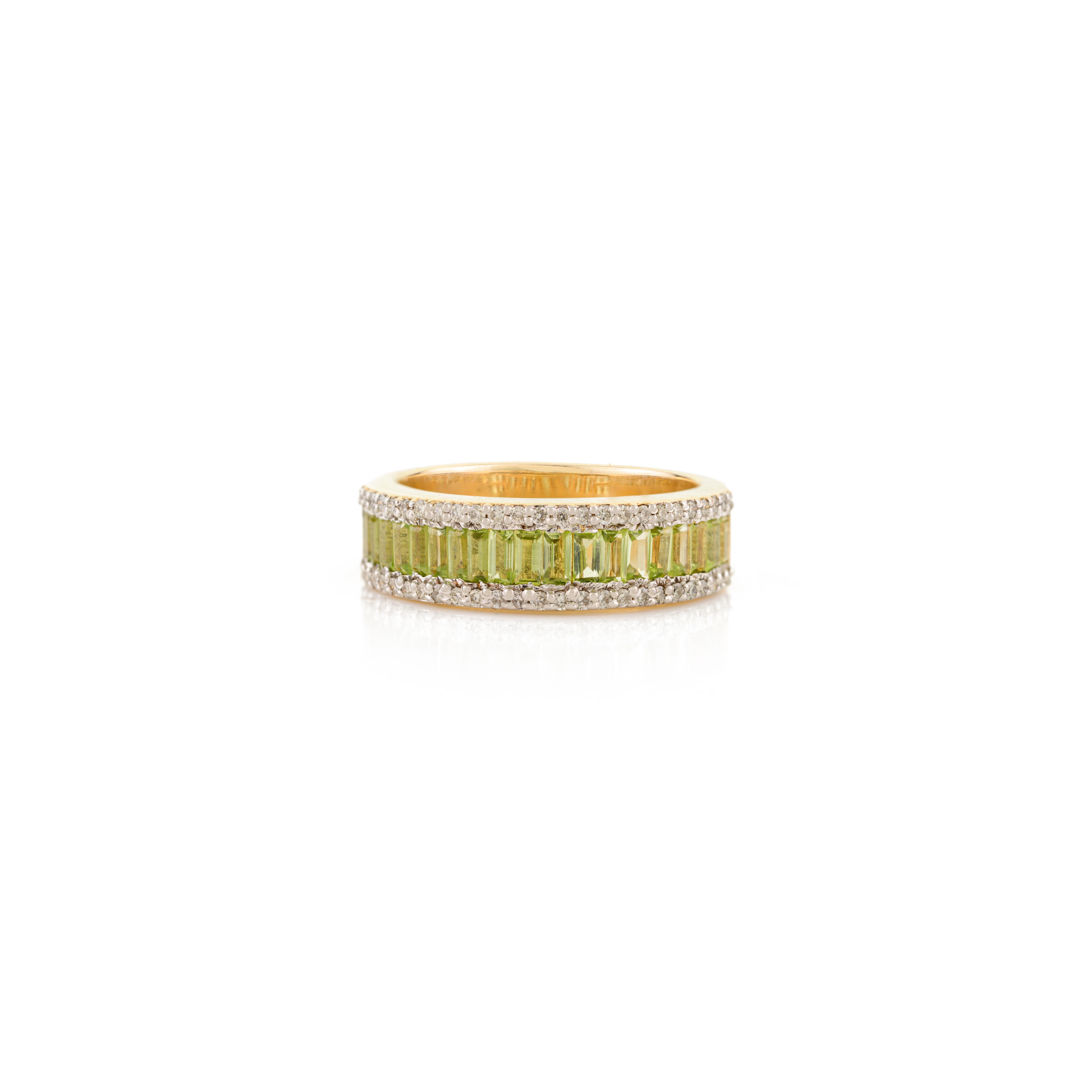 For Sale:  Dazzling Baguette Peridot Diamond Eternity Band Ring 14 Karat Solid Yellow Gold 5
