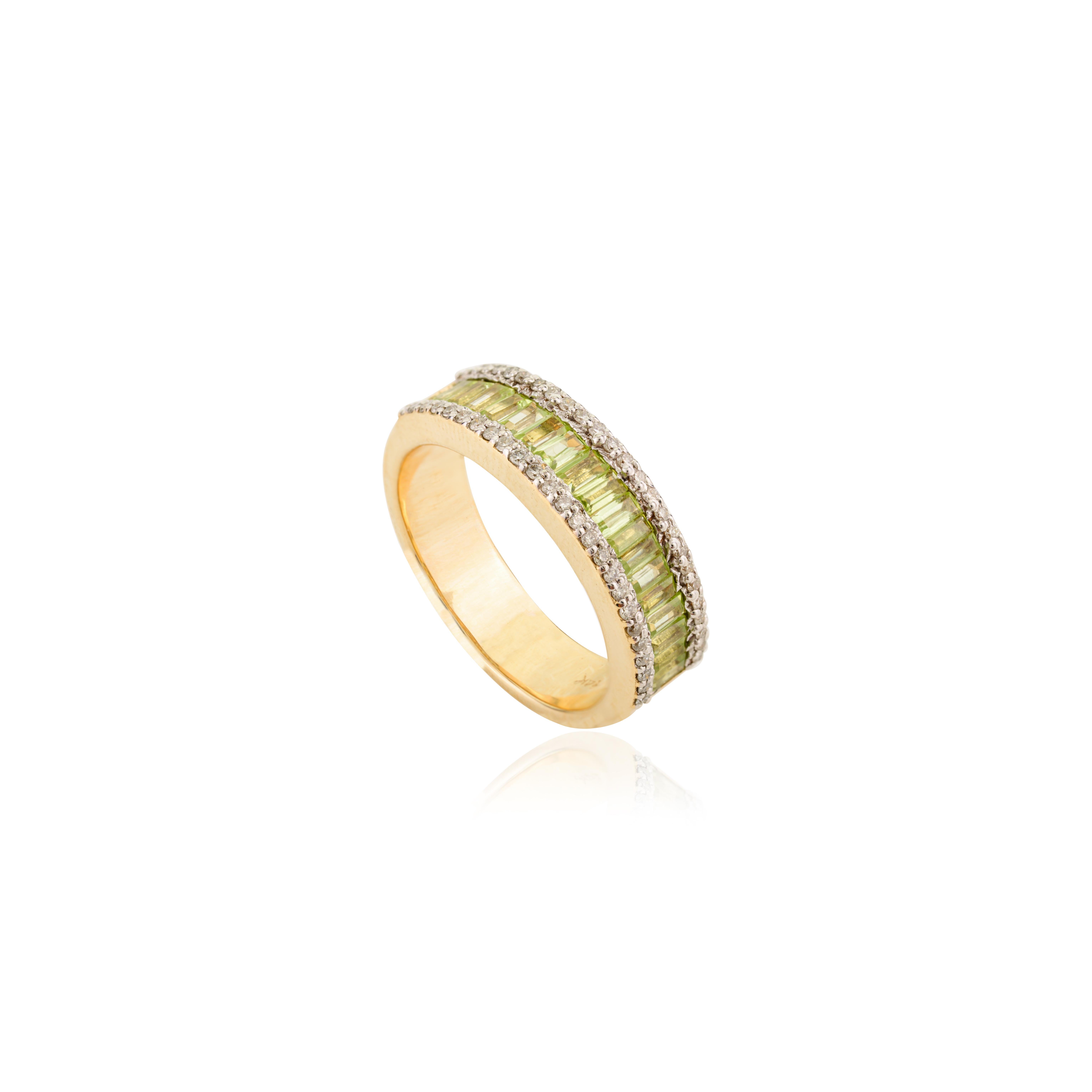 For Sale:  Dazzling Baguette Peridot Diamond Eternity Band Ring 14 Karat Solid Yellow Gold 8