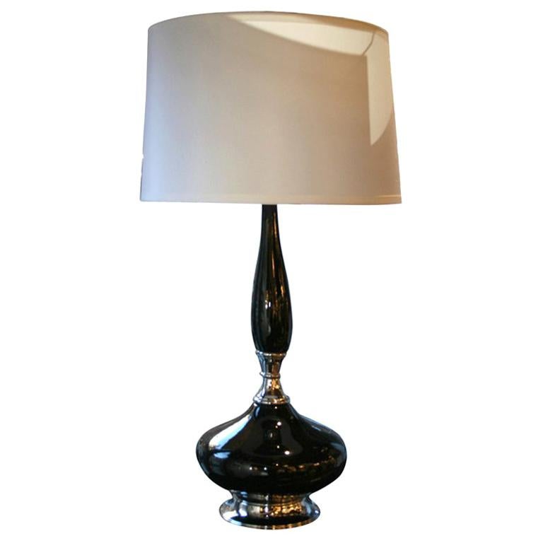 Mid-Century Modernist Black Glazed Ceramic Lamp with Chrome Base