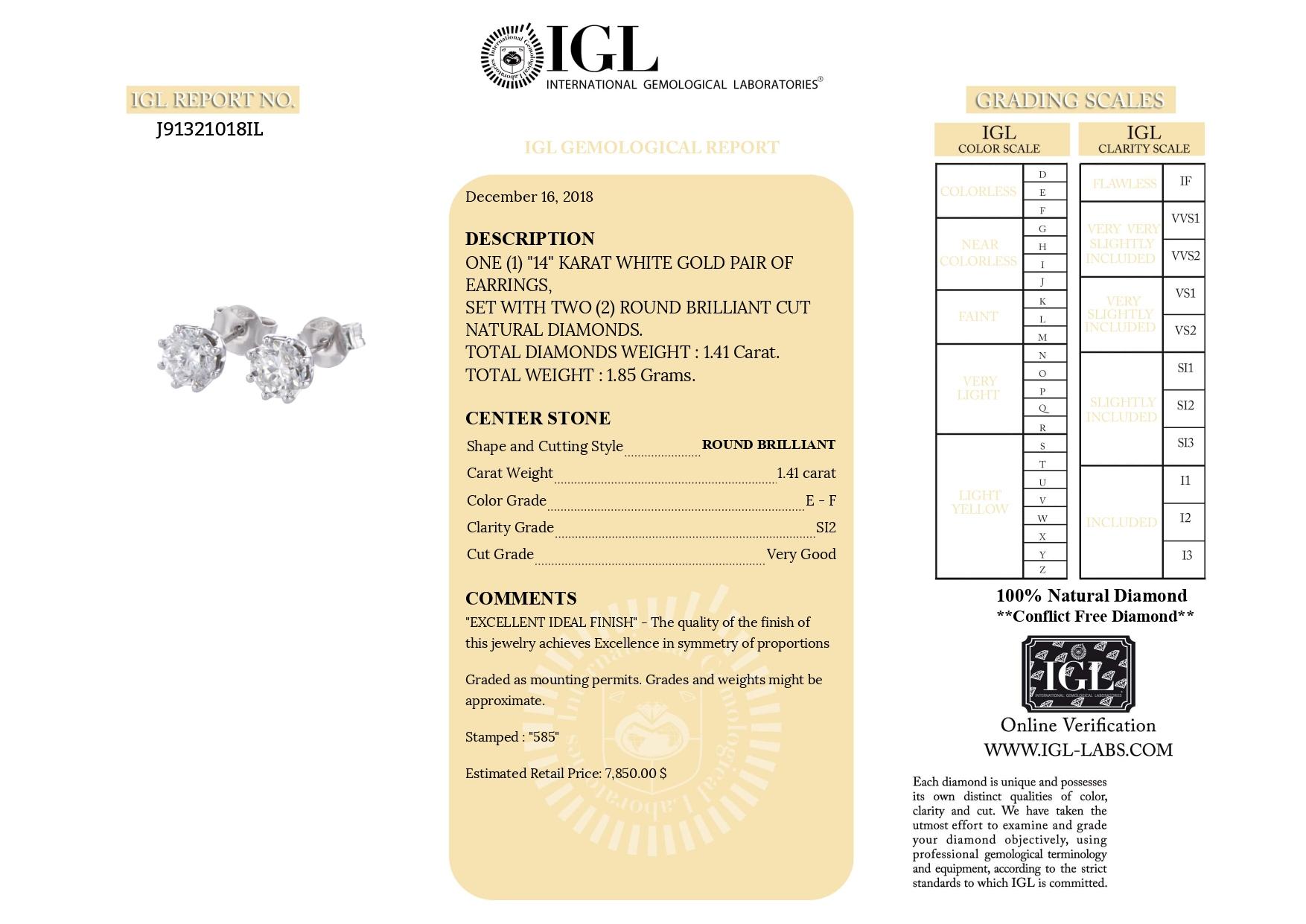 Dazzling Brilliance: 14k White Gold Stud Earrings with 1.41ctw E-F SI2 Diamonds For Sale 1