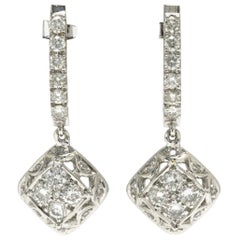 Dazzling Diamond Dangle Earrings Drop Style Estate 18 Karat Gold Over 1 Carat