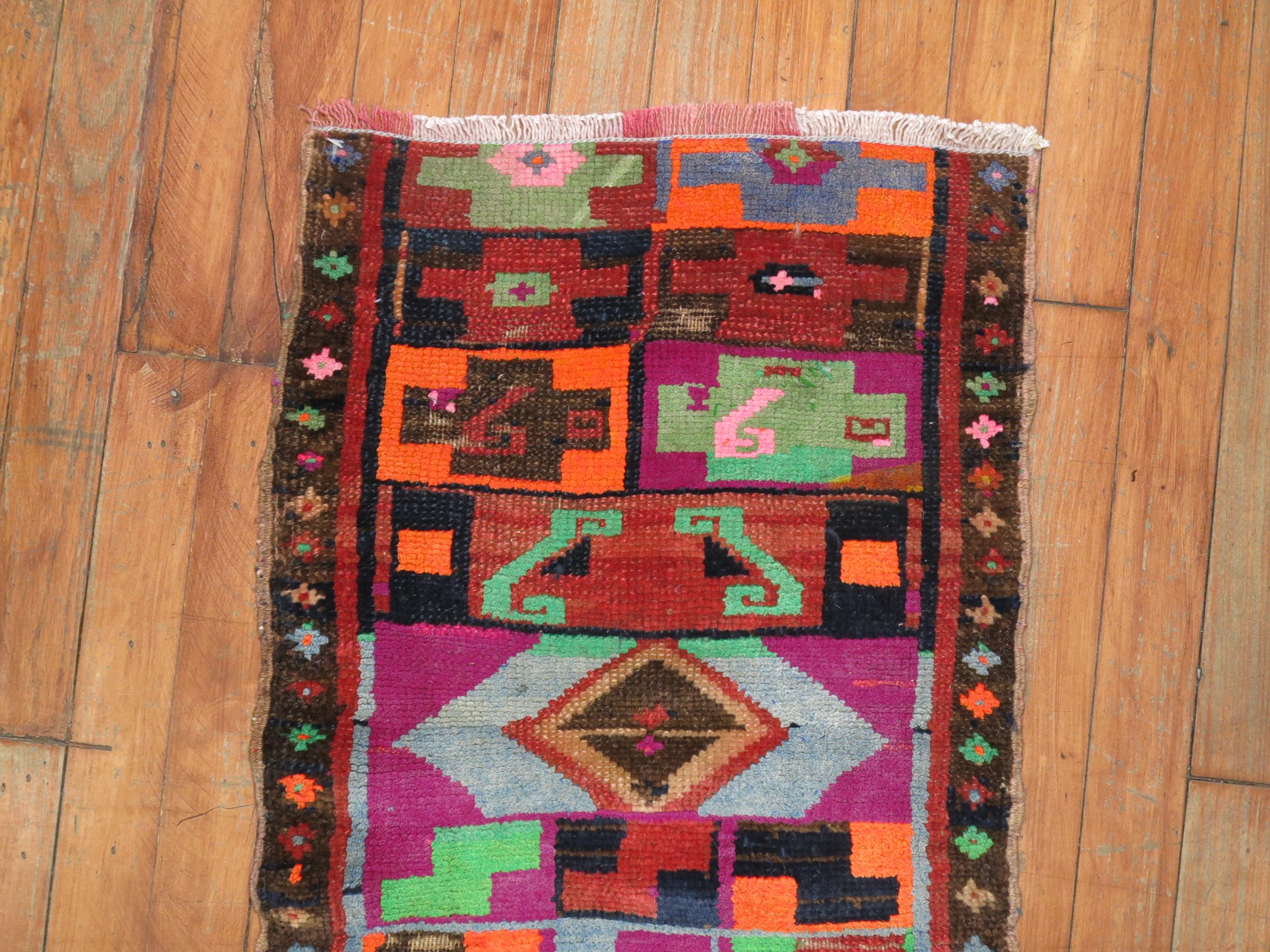 Hand-Woven Dazzling Eclectic Turkish Anatolian Mat Size Rug, Mid-20th Century For Sale