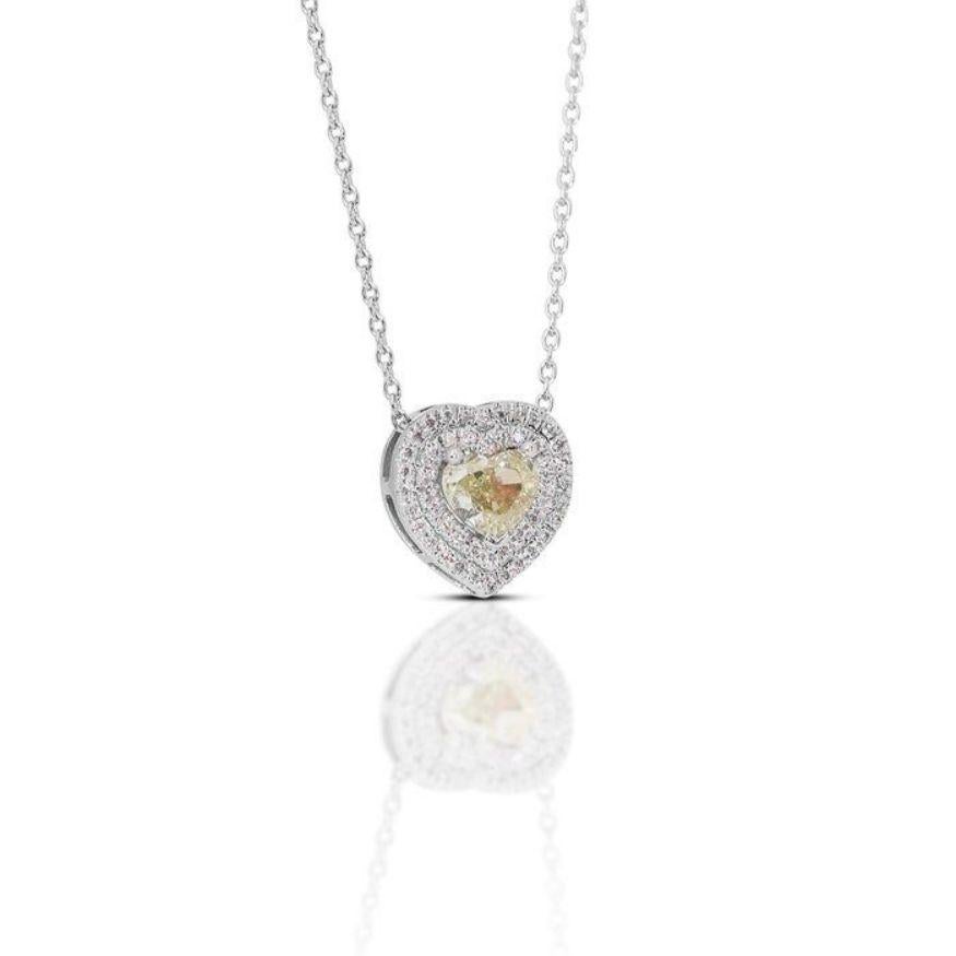 Heart Cut Dazzling Fancy Yellow Heart Diamond Necklace with Side Stones in 18K White Gold For Sale