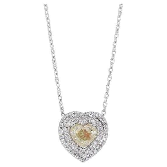 Dazzling Fancy Yellow Heart Diamond Necklace with Side Stones in 18K White Gold For Sale