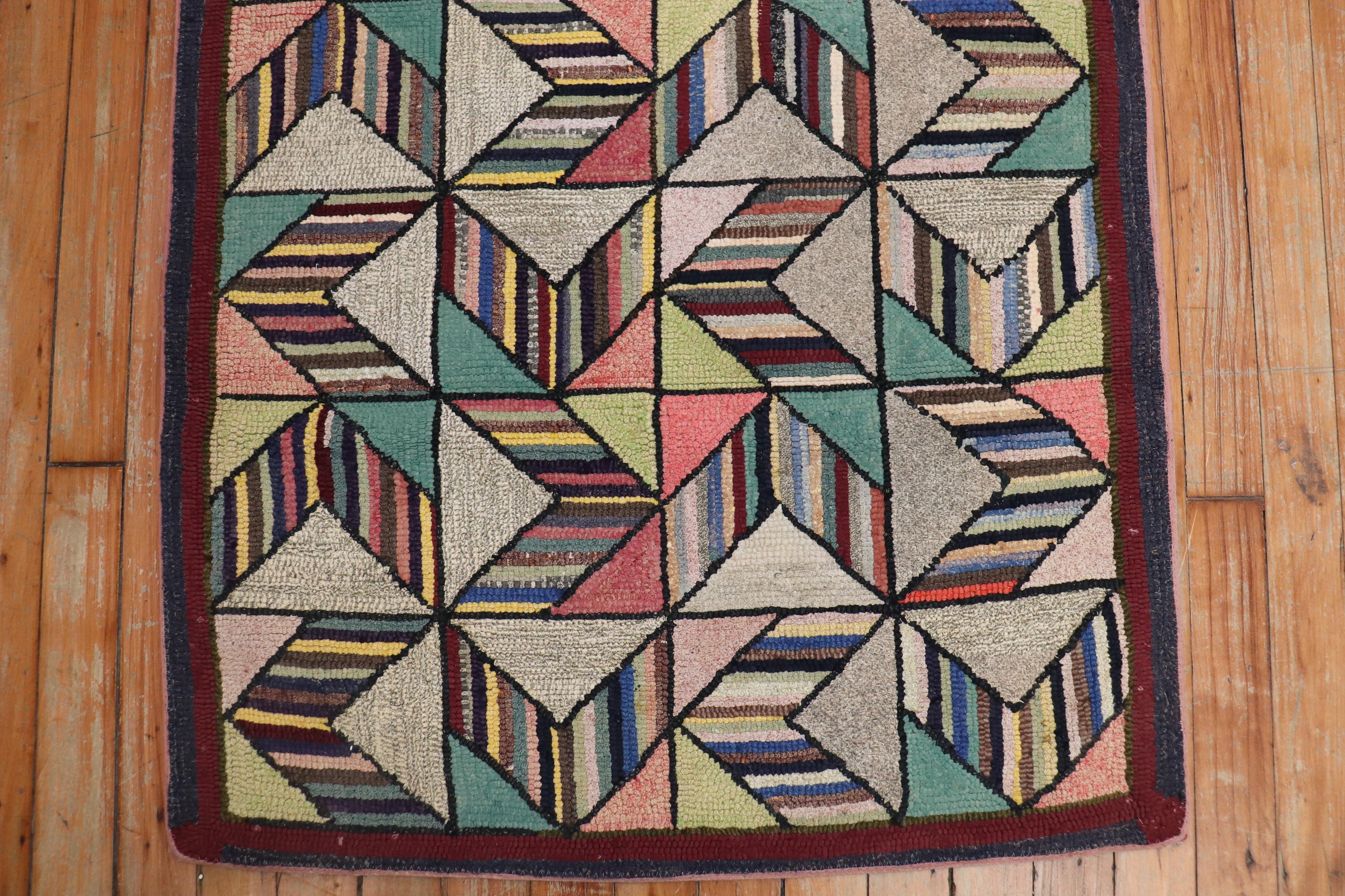 20th Century Dazzling Geometric American Hooked Scatter Rug For Sale