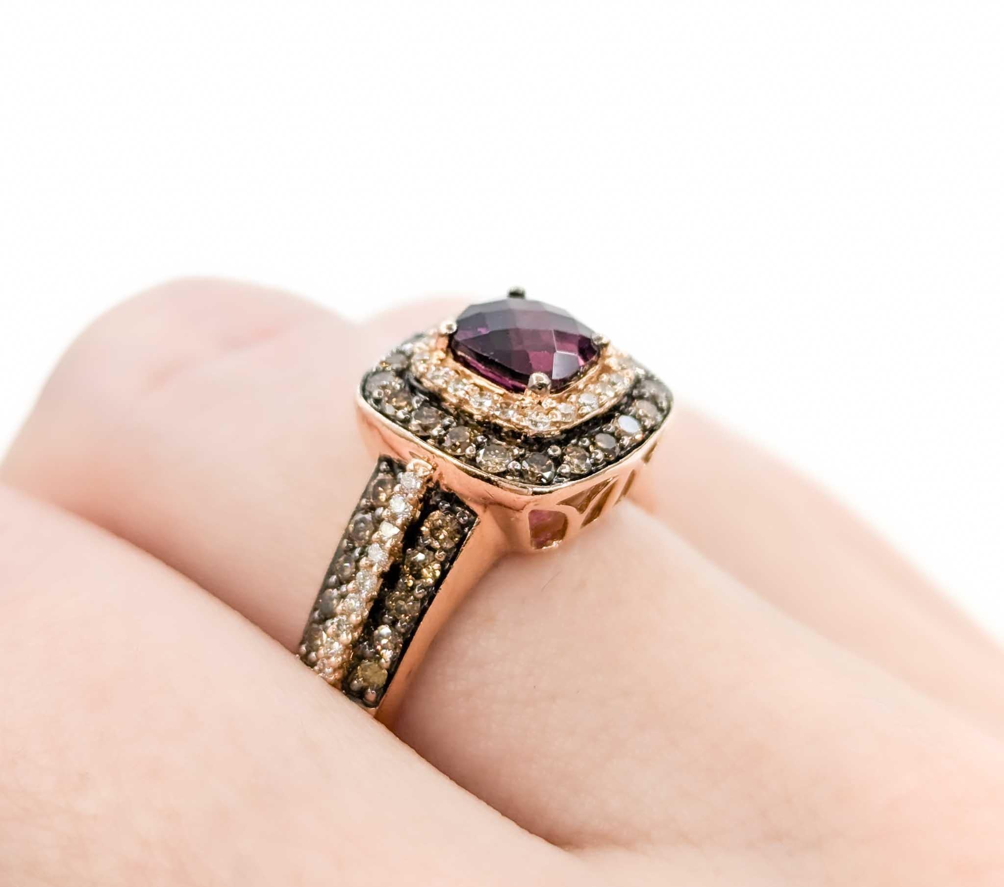 Cushion Cut Dazzling LeVian Purple Garnet & Diamond Ring in Rose Gold For Sale