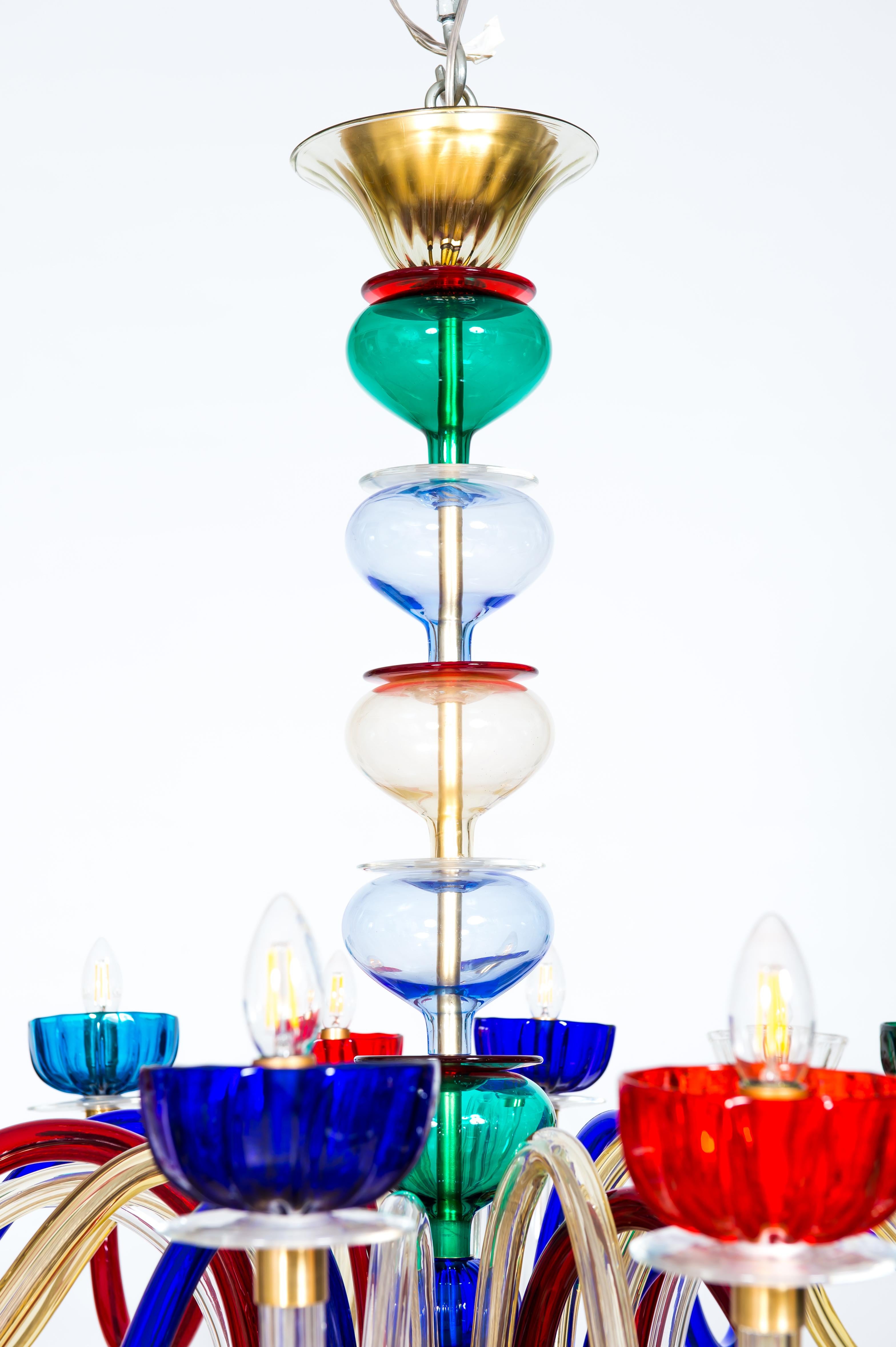 Art Deco Dazzling Murano Glass Chandelier with Vibrant Jewel-Toned Accents 1970s Italy For Sale