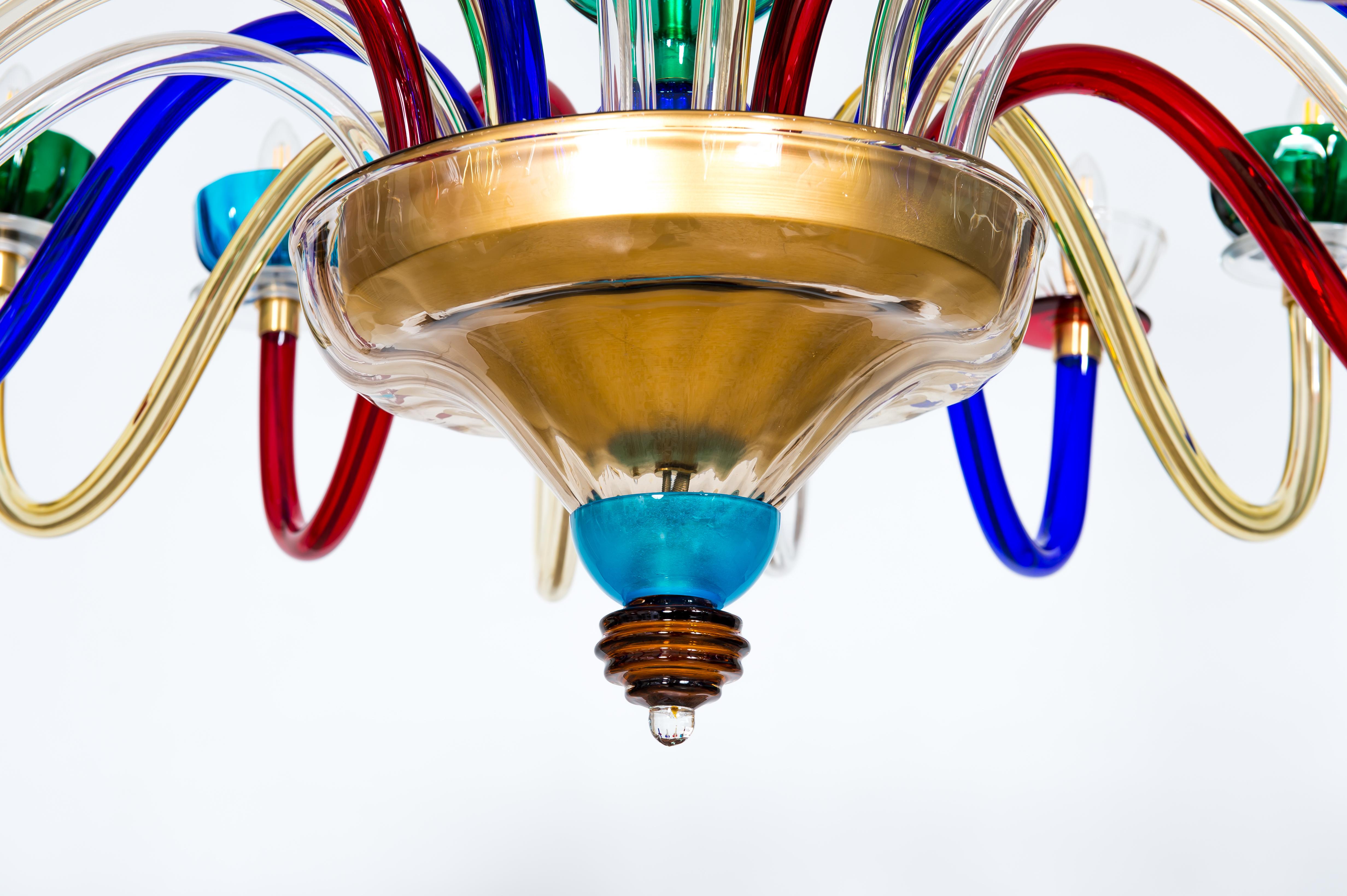 Italian Dazzling Murano Glass Chandelier with Vibrant Jewel-Toned Accents 1970s Italy For Sale