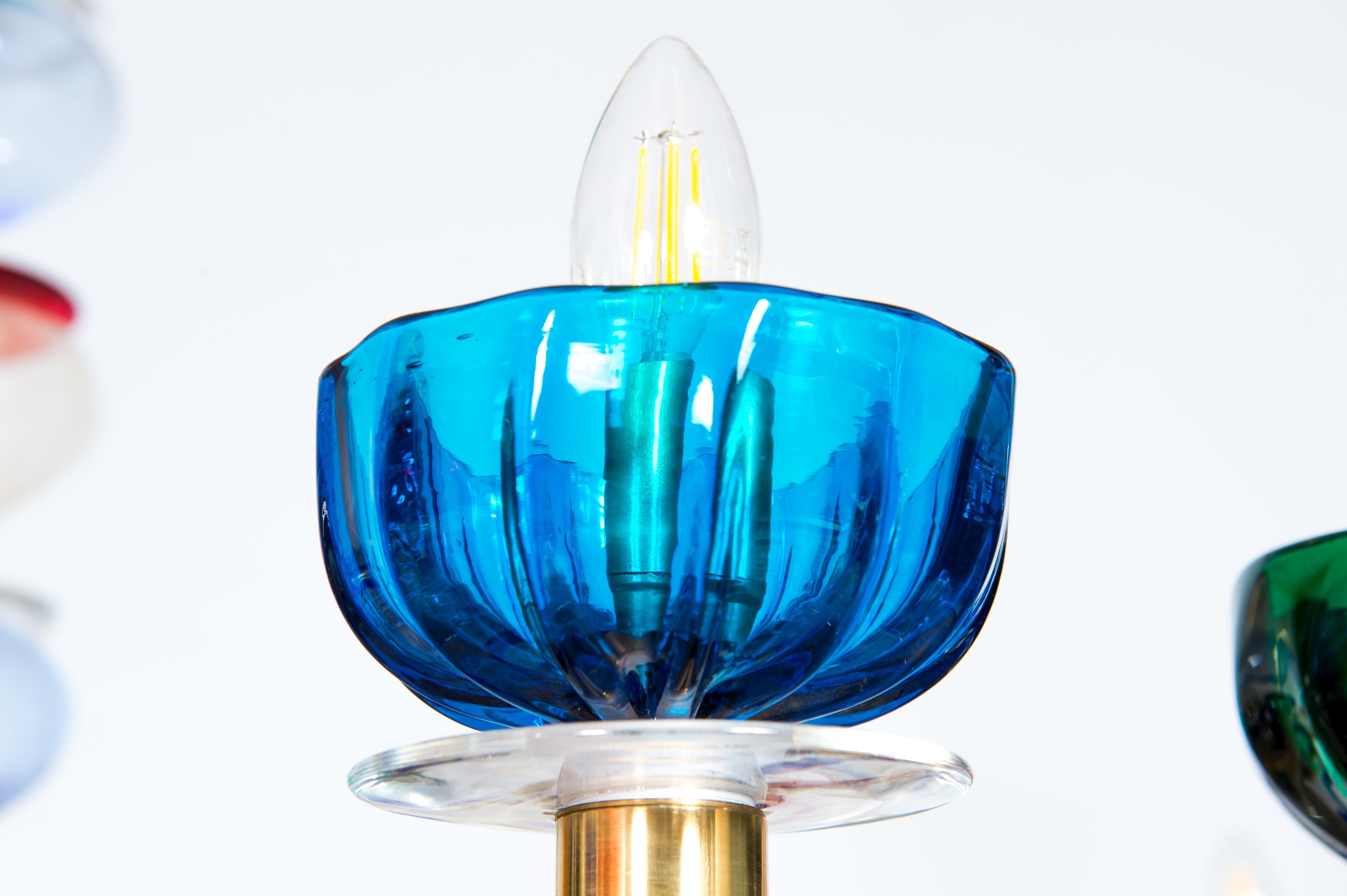 Hand-Crafted Dazzling Murano Glass Chandelier with Vibrant Jewel-Toned Accents 1970s Italy For Sale