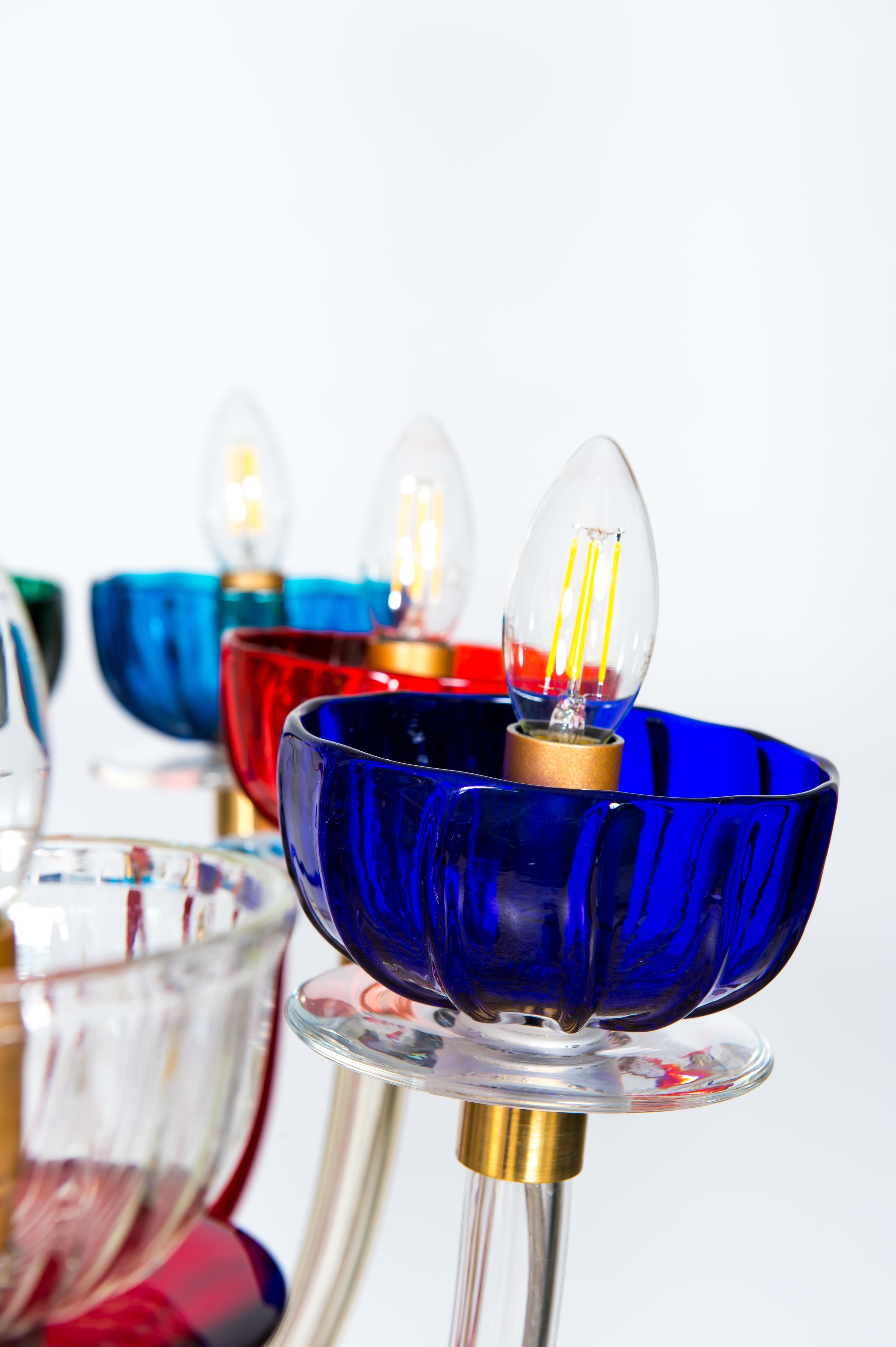 Dazzling Murano Glass Chandelier with Vibrant Jewel-Toned Accents 1970s Italy In Excellent Condition For Sale In Villaverla, IT