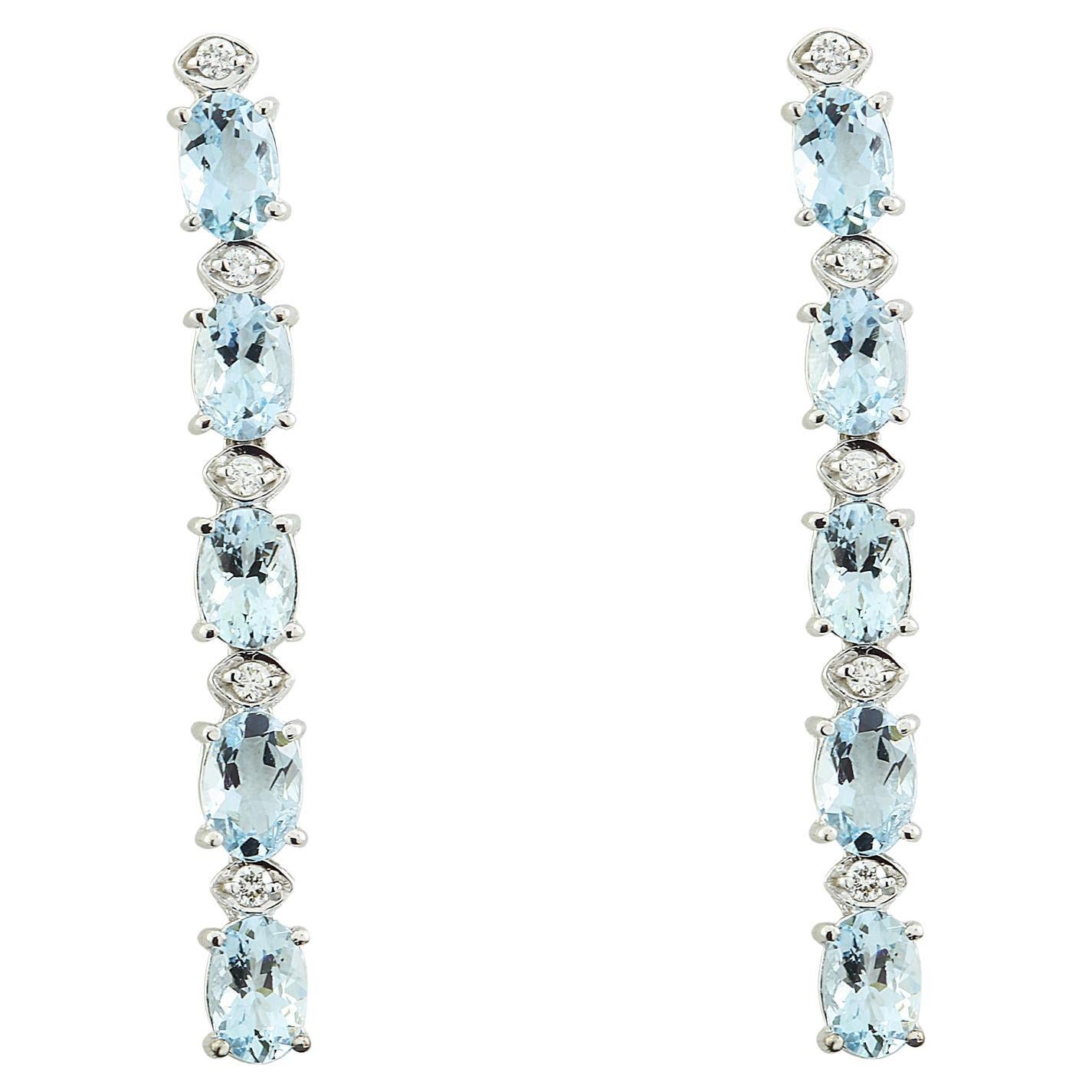 Dazzling Natural Aquamarine Diamond Earrings in 14K Solid White Gold For Sale