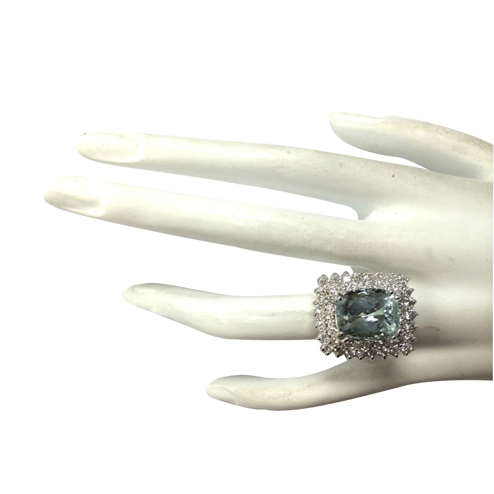 Cushion Cut Dazzling Natural Aquamarine Diamond Ring In 14 Karat White Gold For Sale
