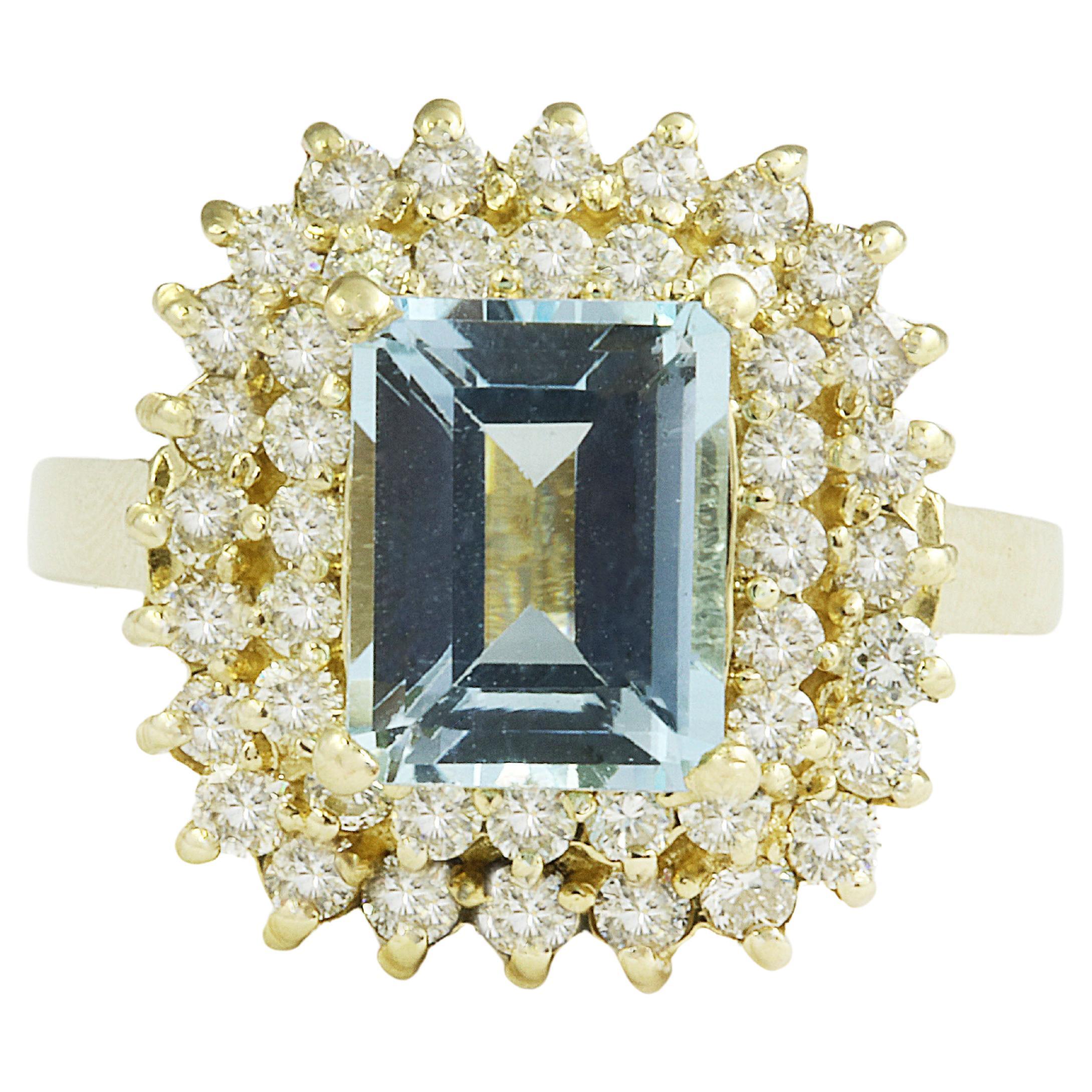 Dazzling Natural Aquamarine Diamond Ring In 14 Karat Yellow Gold  For Sale