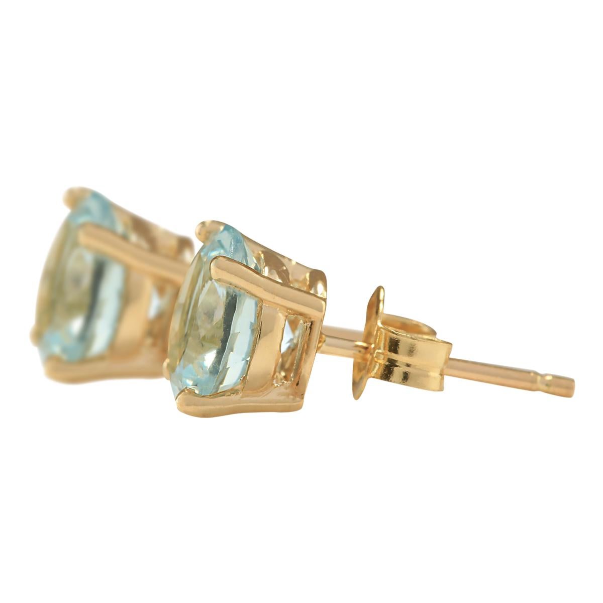Wir stellen unsere exquisiten 3,00 Karat natürlichen Aquamarin-Ohrringe vor, die in 14-karätigem Gelbgold gefertigt sind. Jeder Ohrring trägt den authentischen 14-Karat-Stempel und wiegt insgesamt 1,2 Gramm, was sowohl Eleganz als auch Komfort