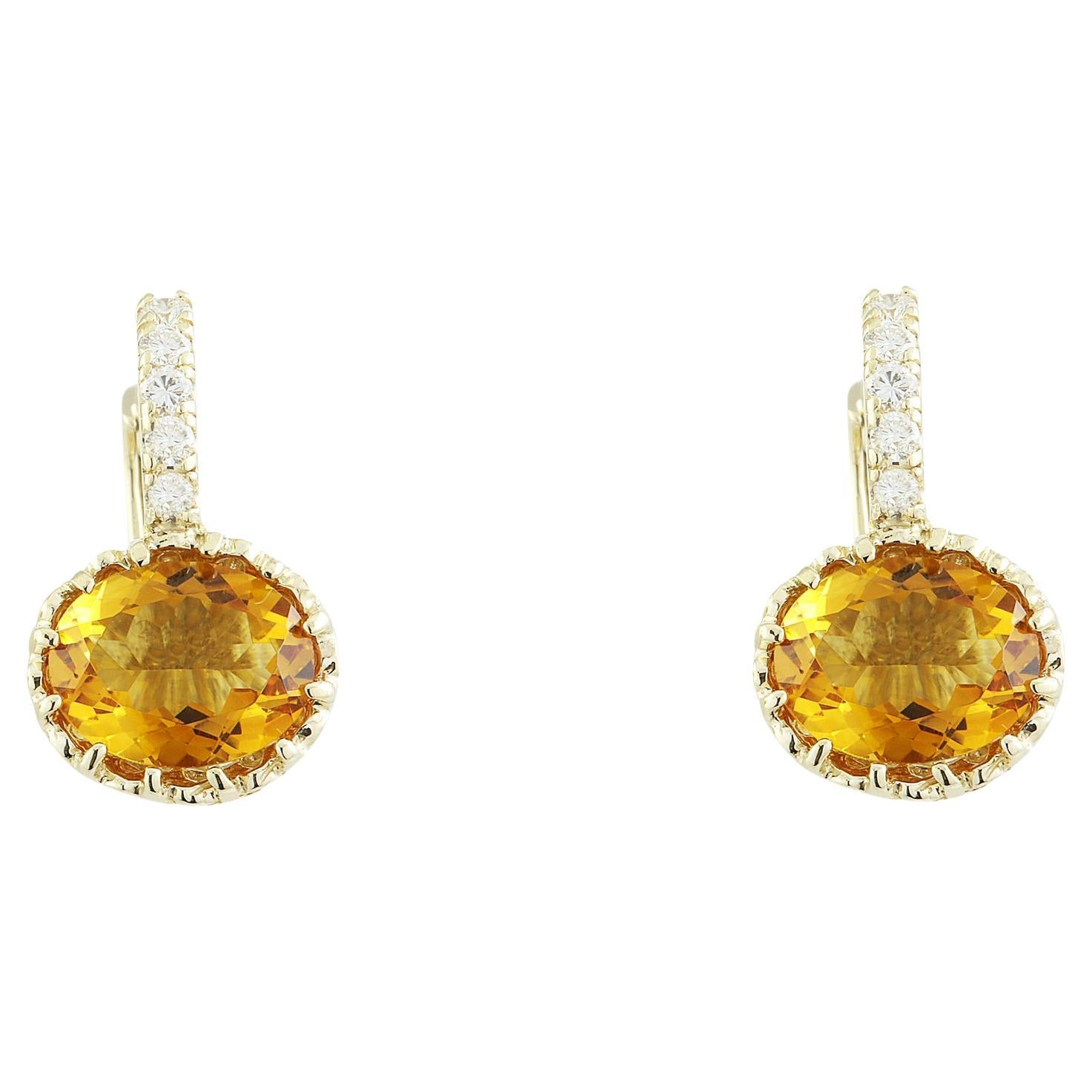 Boucles d'oreilles éblouissantes en or jaune massif 14 carats avec citrine naturelle et diamants