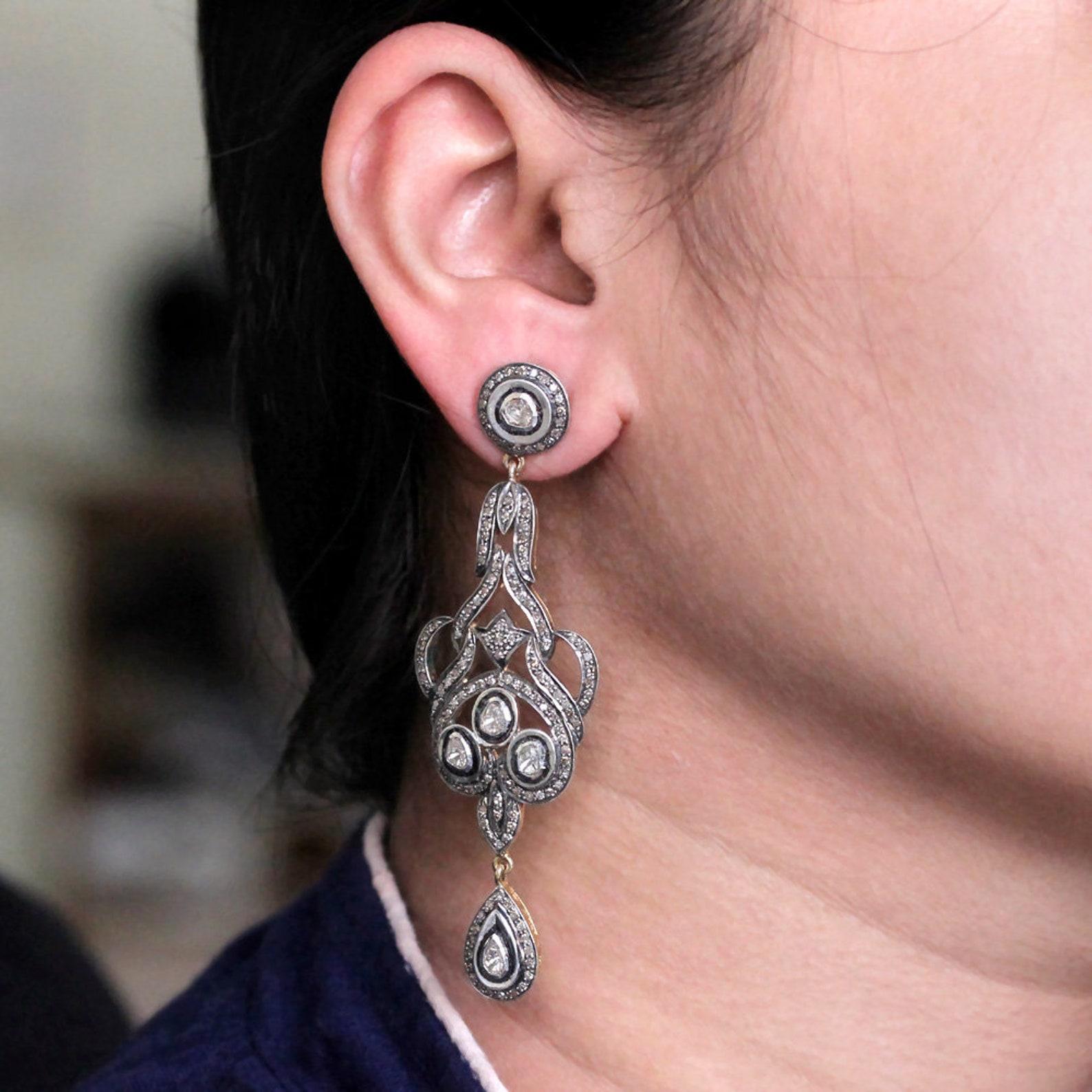 Art Deco Dazzling Natural Diamond Earrings 925 Sterling Silver Handmade Earrings For Her. For Sale