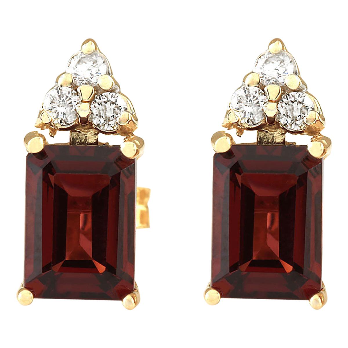 Emerald Cut Dazzling Natural Garnet Diamond Earrings In 14 Karat Yellow Gold  For Sale
