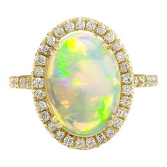 Schillernder natürlicher Opal-Diamantring aus 14 Karat massivem Gelbgold 