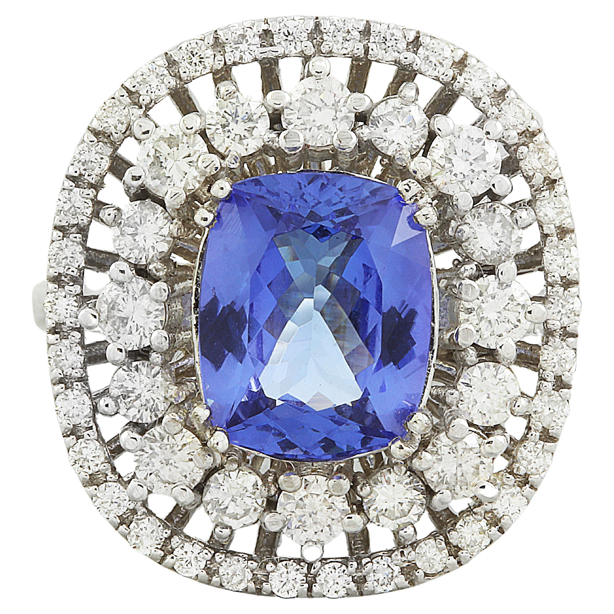 Dazzling Natural Tanzanite Diamond Ring In 14 Karat Solid White Gold 