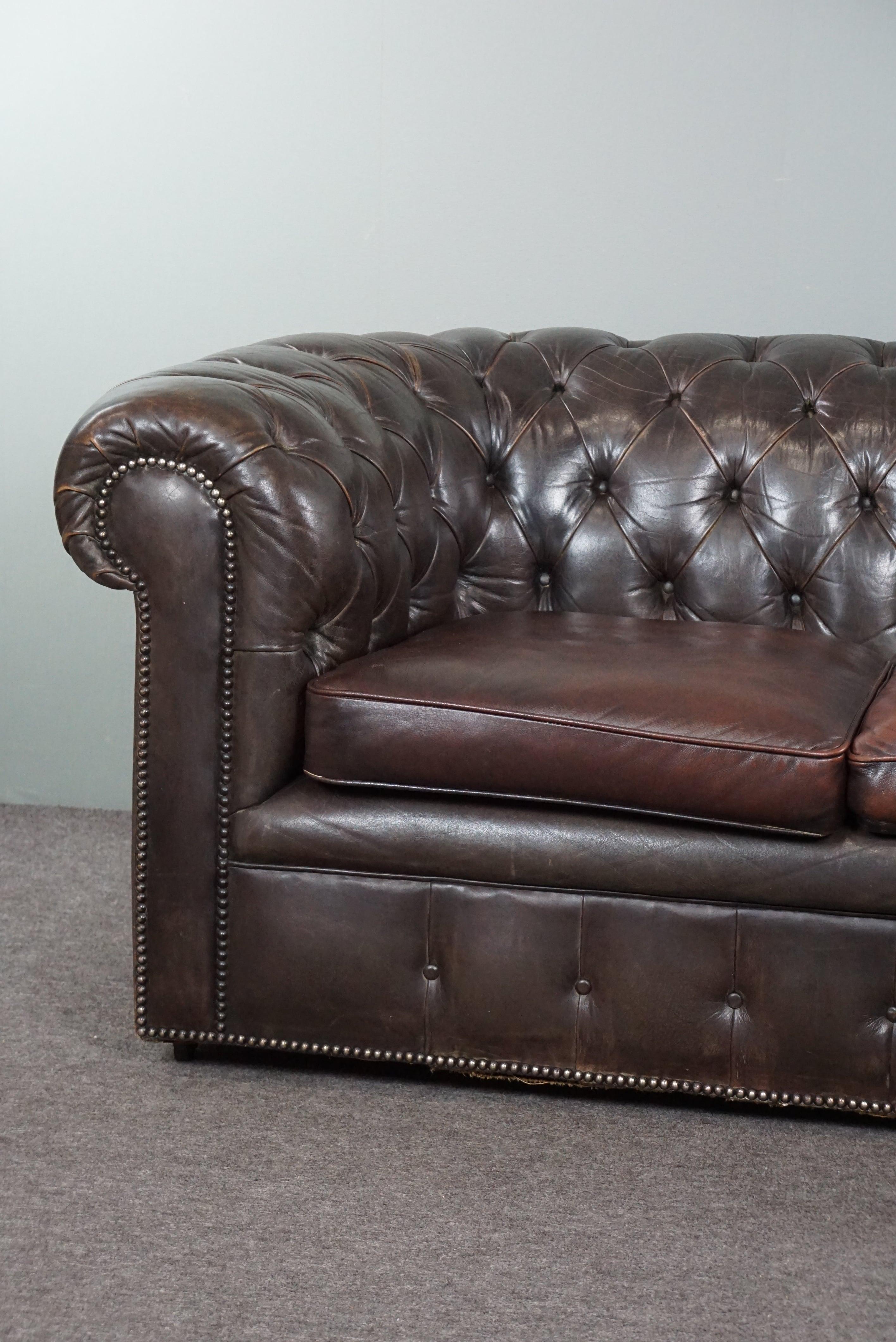 Schillerndes altes Chesterfield-Sofa voller Anziehungskraft, 3 Sitzmöbel (Englisch) im Angebot
