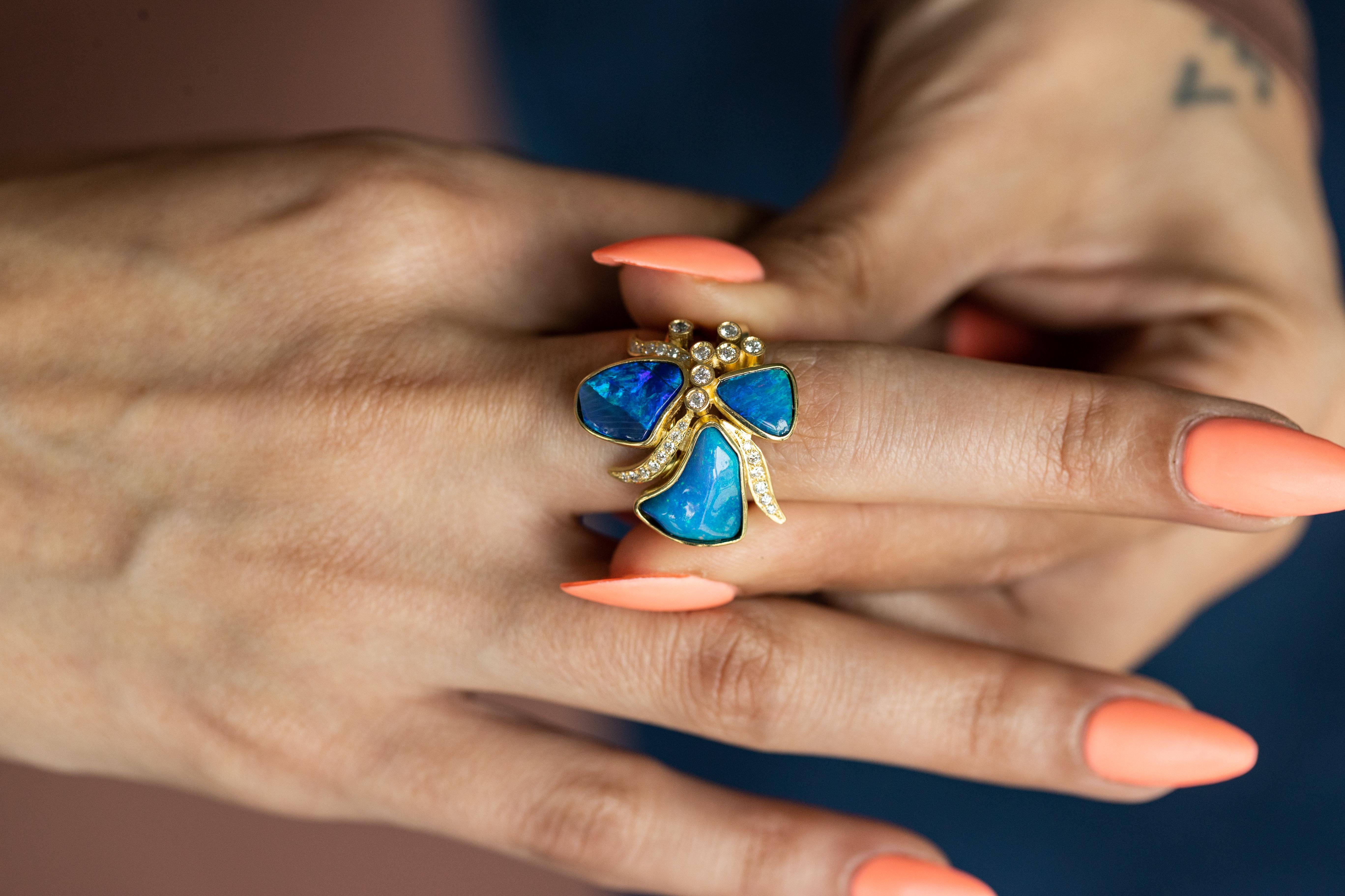 Modern Dazzling Opal and Diamond Ring in 18K Yellow Gold by Ruth Grieco For Sale