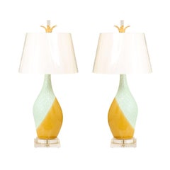 Dazzling Pair of Portuguese Ceramic Lamps in Yellow Ochre and Sultanabad Blue