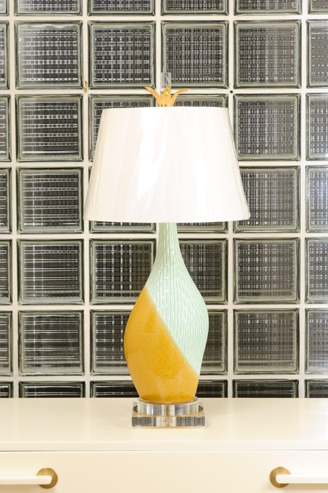 Organic Modern Dazzling Pair of Portuguese Ceramic Lamps in Yellow Ochre and Sultanabad Blue For Sale