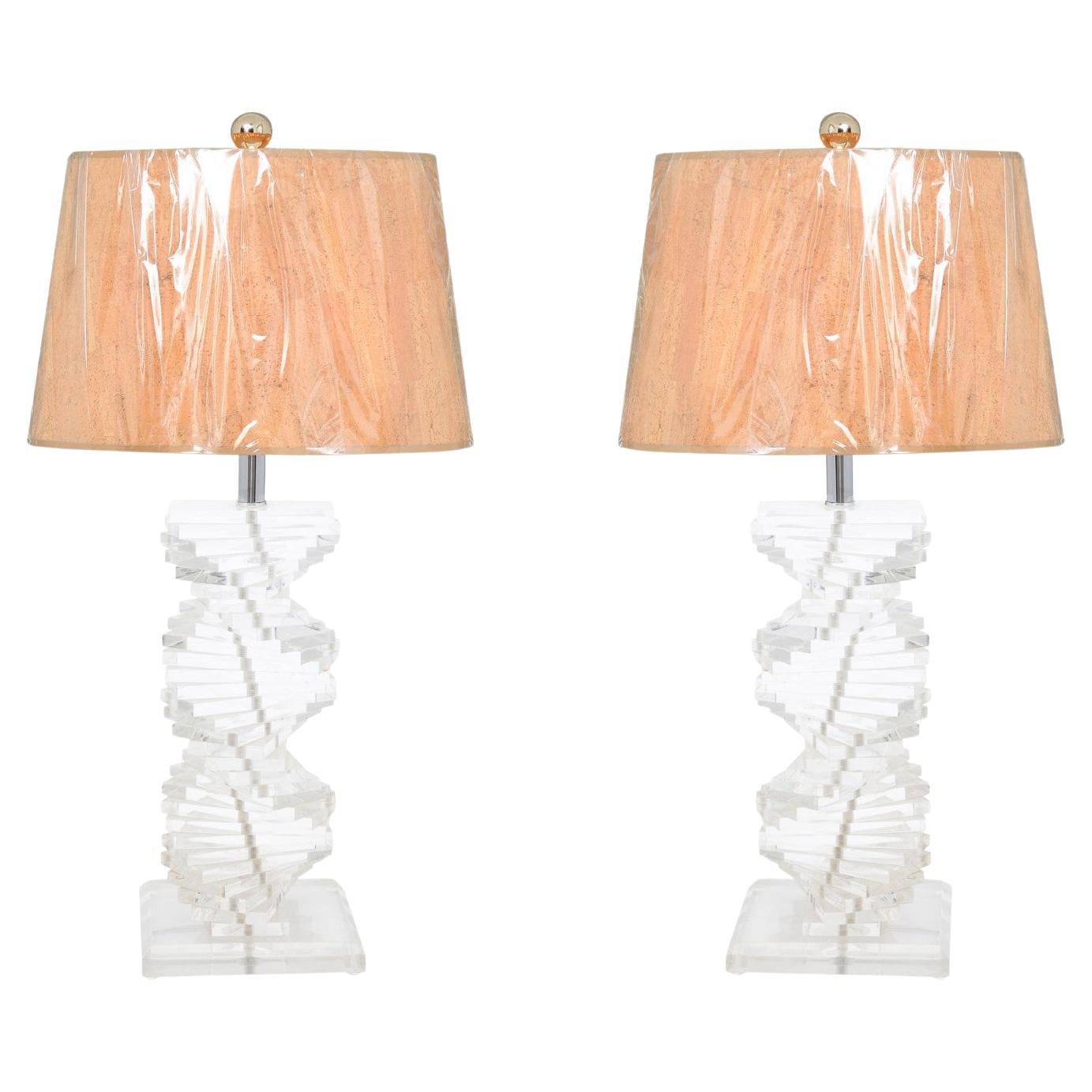Dazzling Restored Pair of Cork and Lucite Helix Lamps, circa 1975 For Sale