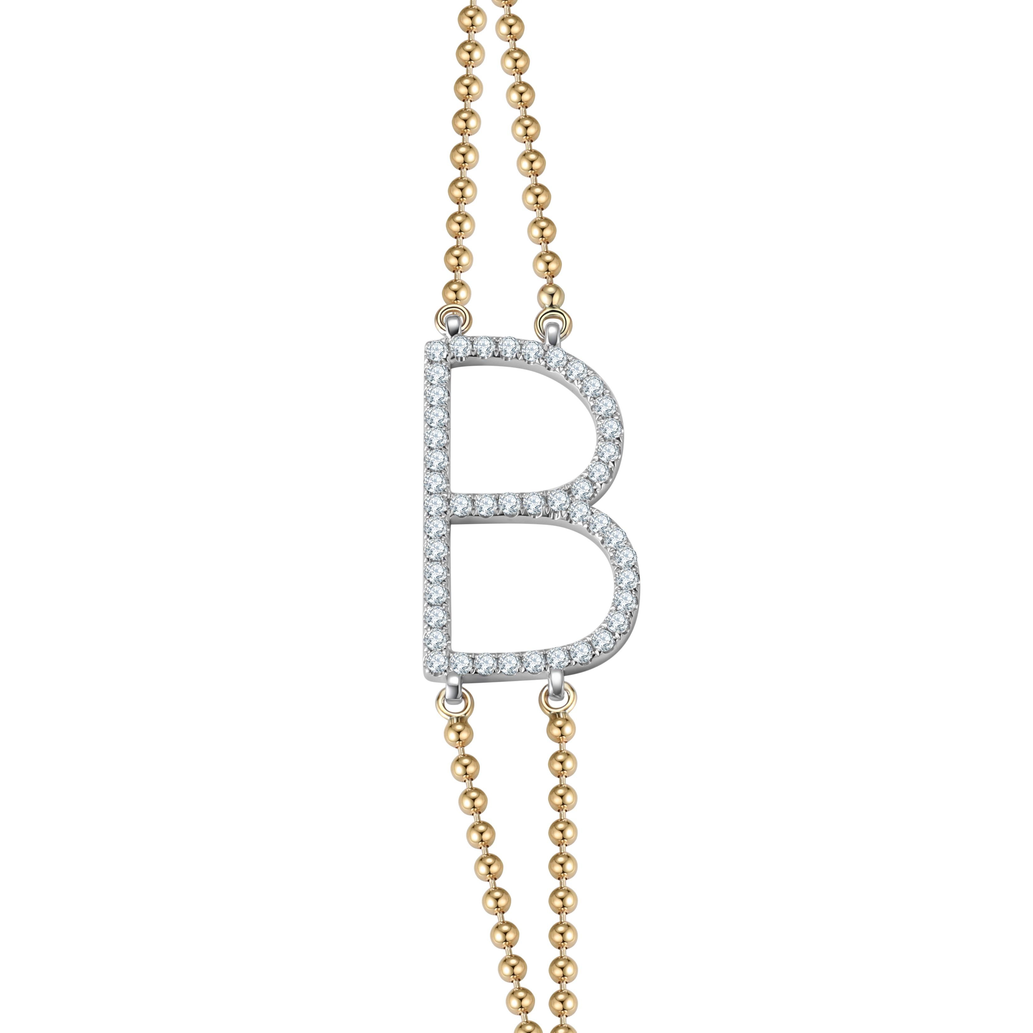Taille ronde Bracelet pendentif B initial en or 14 carats clouté de diamants en vente
