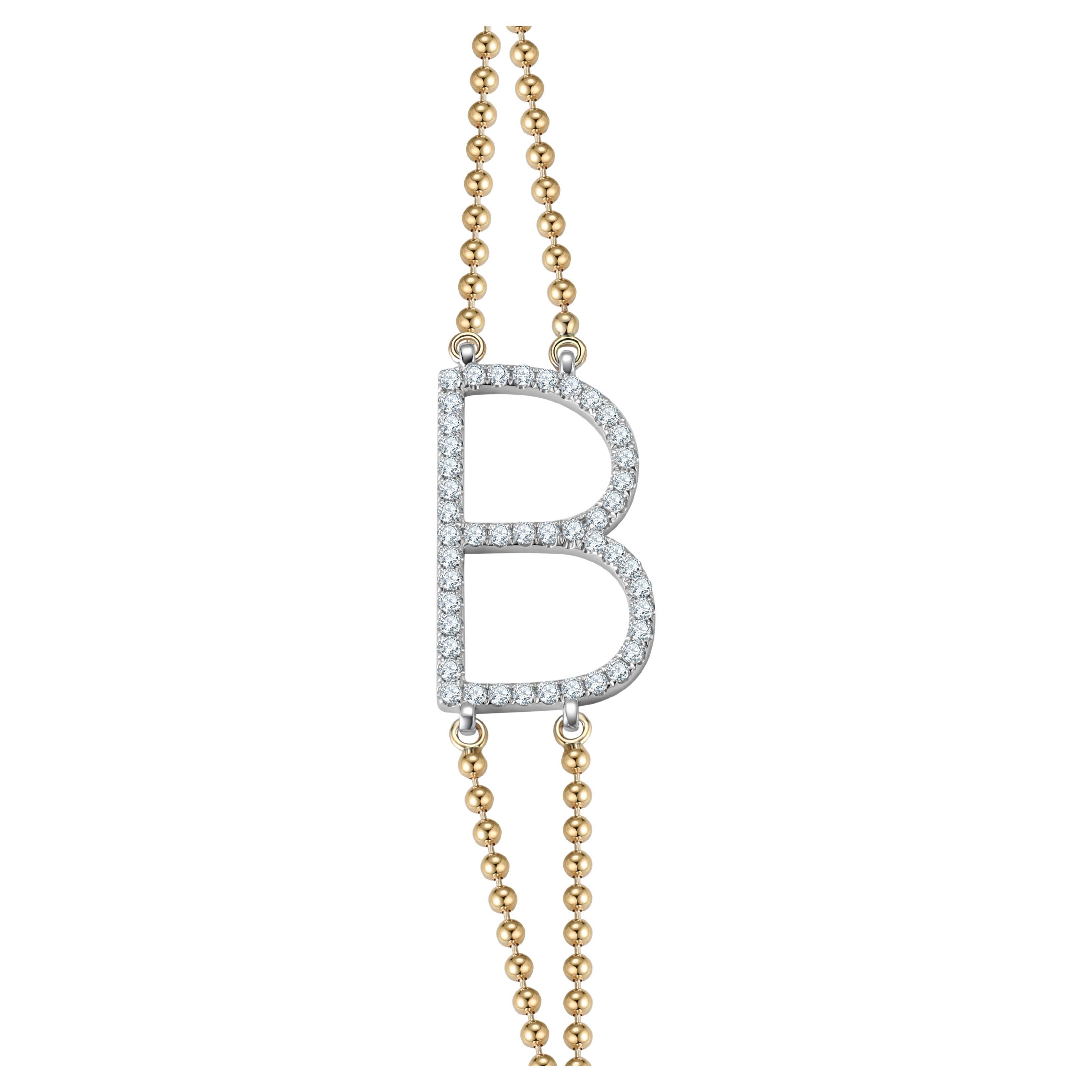 Diamond Studded B Initial 14K Gold Pendant Bracelet