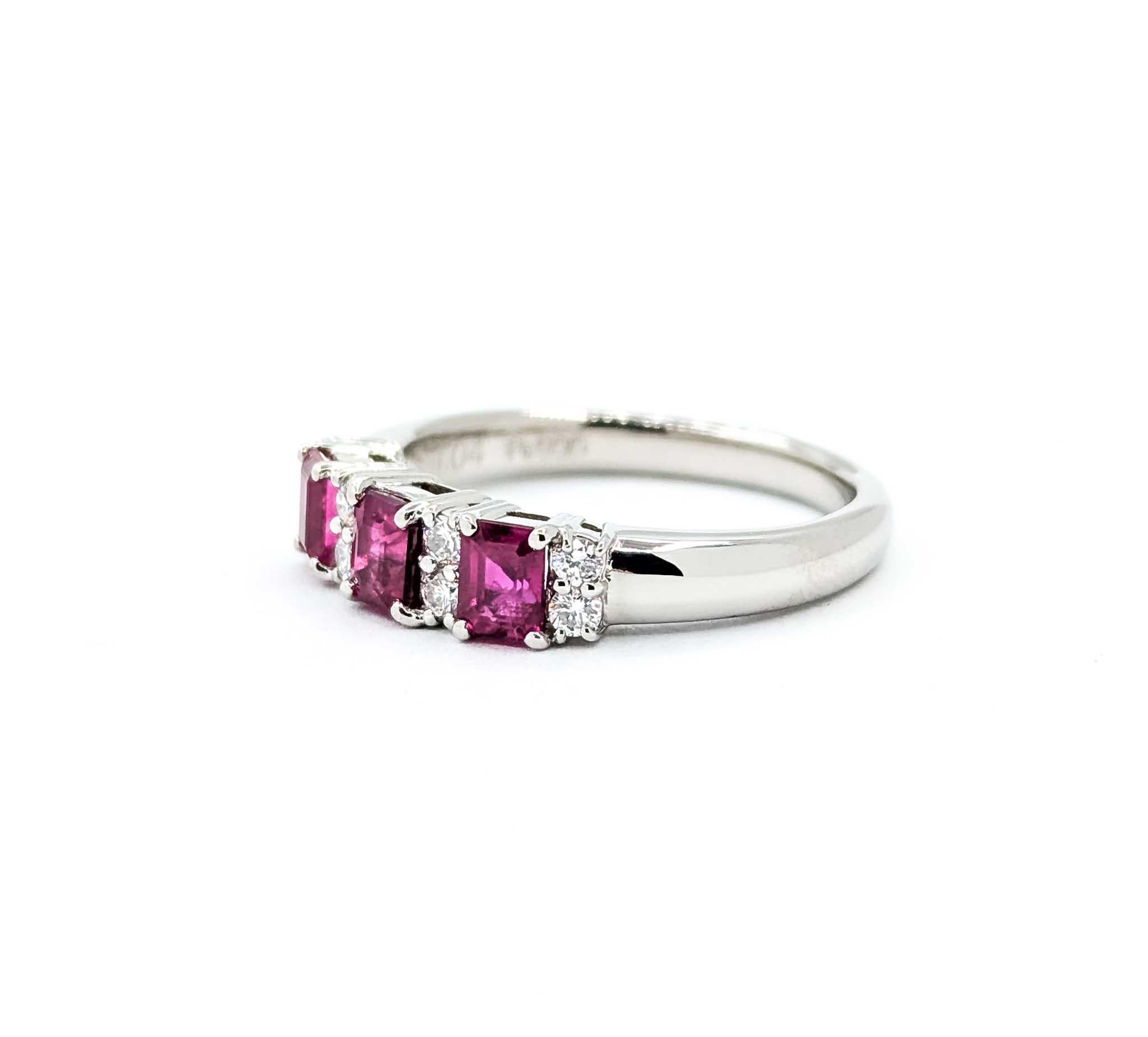 Dazzling Ruby and Diamond Ring in 900 pt 3-Stone Setting

This stunning piece is a Ruby Ring, masterfully crafted in a 900 pt 3-stone setting. It exhibits a magnificent design that features two complementary gemstones - Diamonds and Ruby. The ring