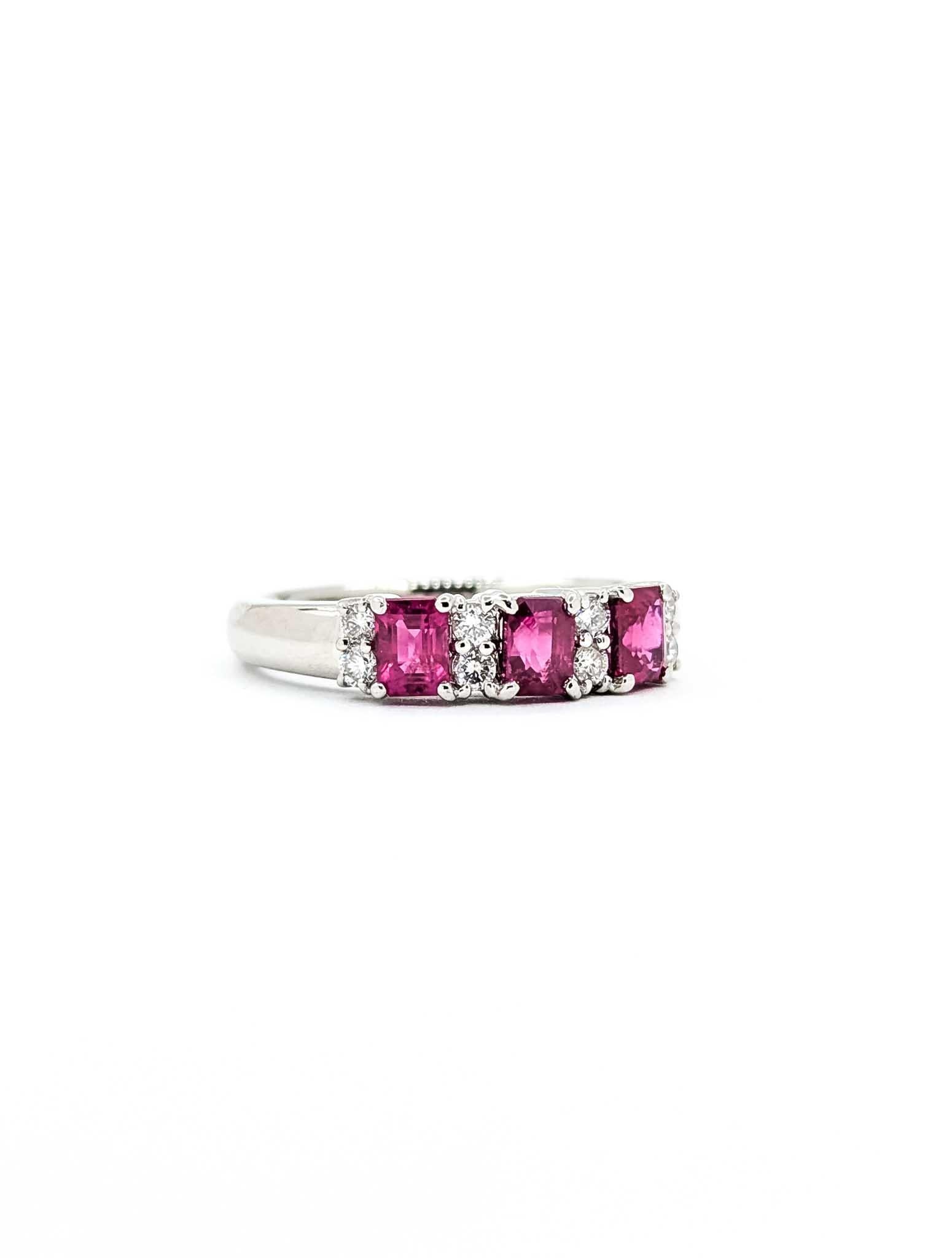 Art Deco Dazzling Ruby and Diamond Ring in 900 pt 3-Stone Setting For Sale