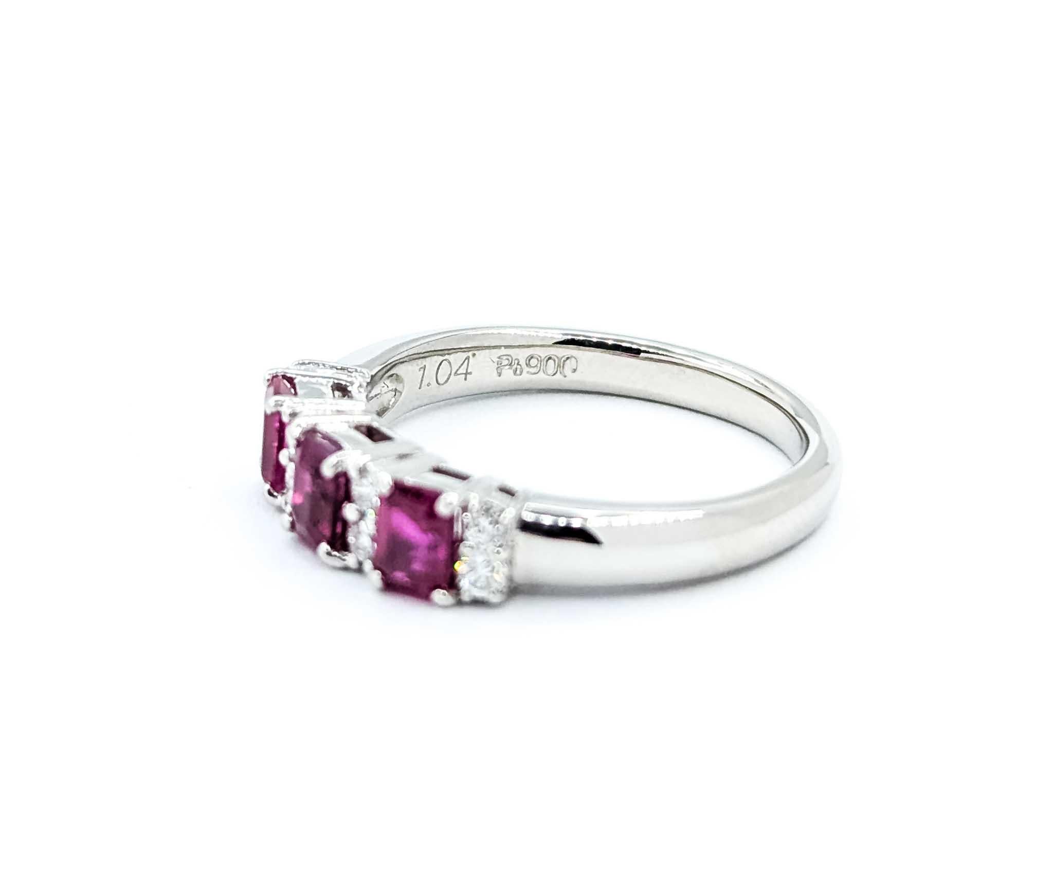 Round Cut Dazzling Ruby and Diamond Ring in 900 pt 3-Stone Setting For Sale