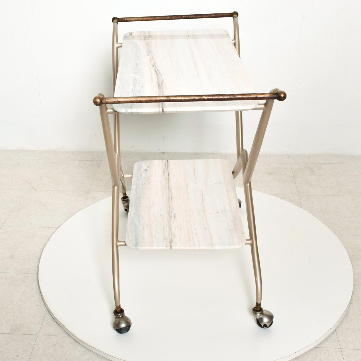 Steel 1960s Pink Service Cart White Marble Patinated Brass Mexico Arturo Pani For Sale