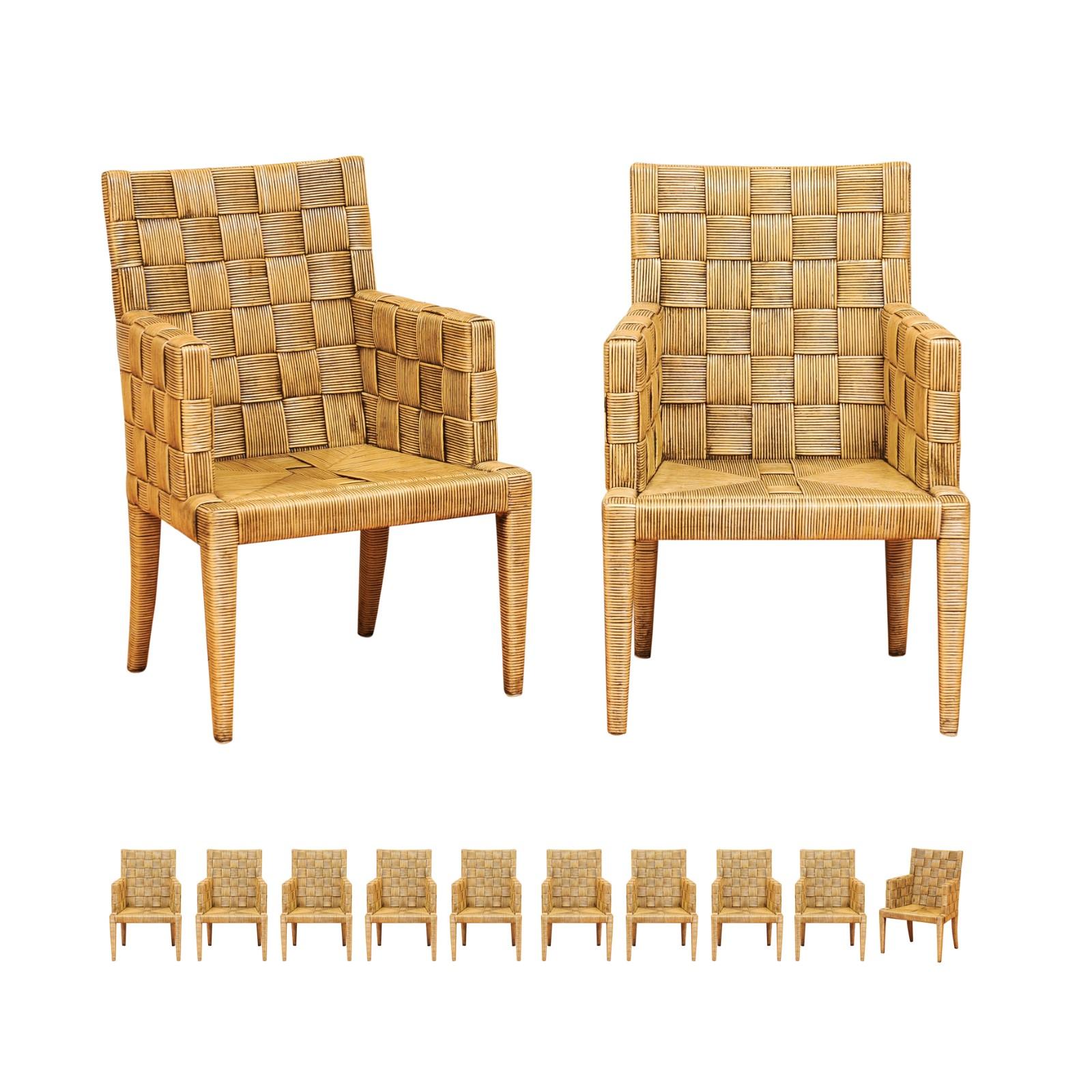 Splendido set di 12 poltrone di canna ispirate a Jean-Michel Frank di John Hutton in vendita 11