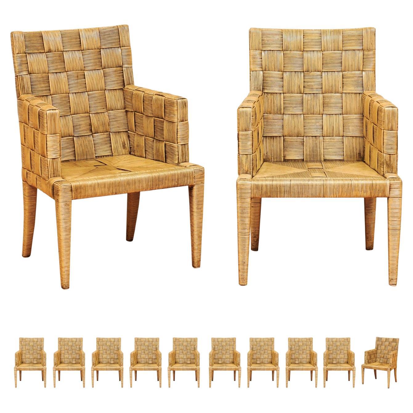 Splendido set di 12 poltrone di canna ispirate a Jean-Michel Frank di John Hutton