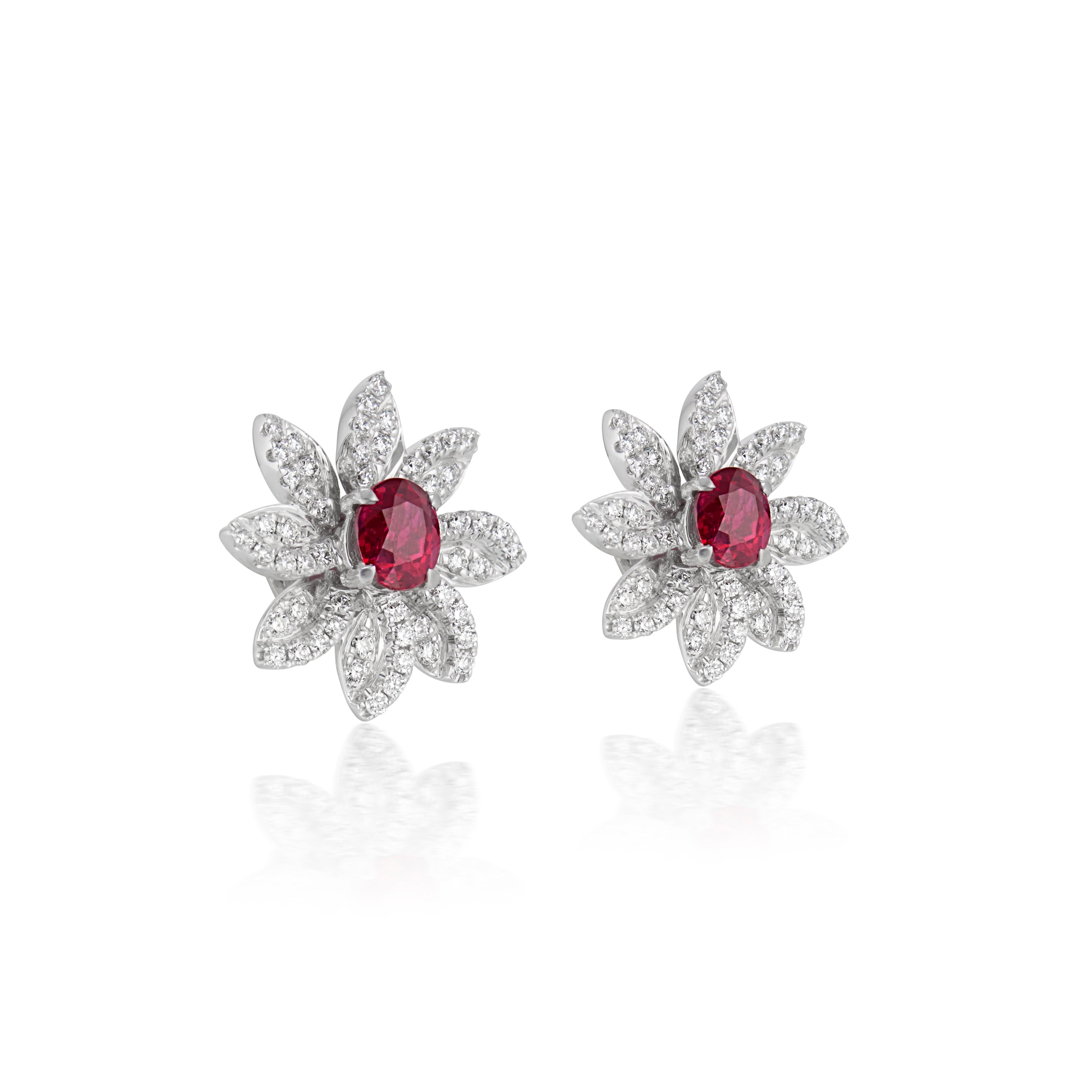 Contemporary GIA Certified Dazzling Sunflowers No Heat Burmese Ruby and Diamond Studs For Sale
