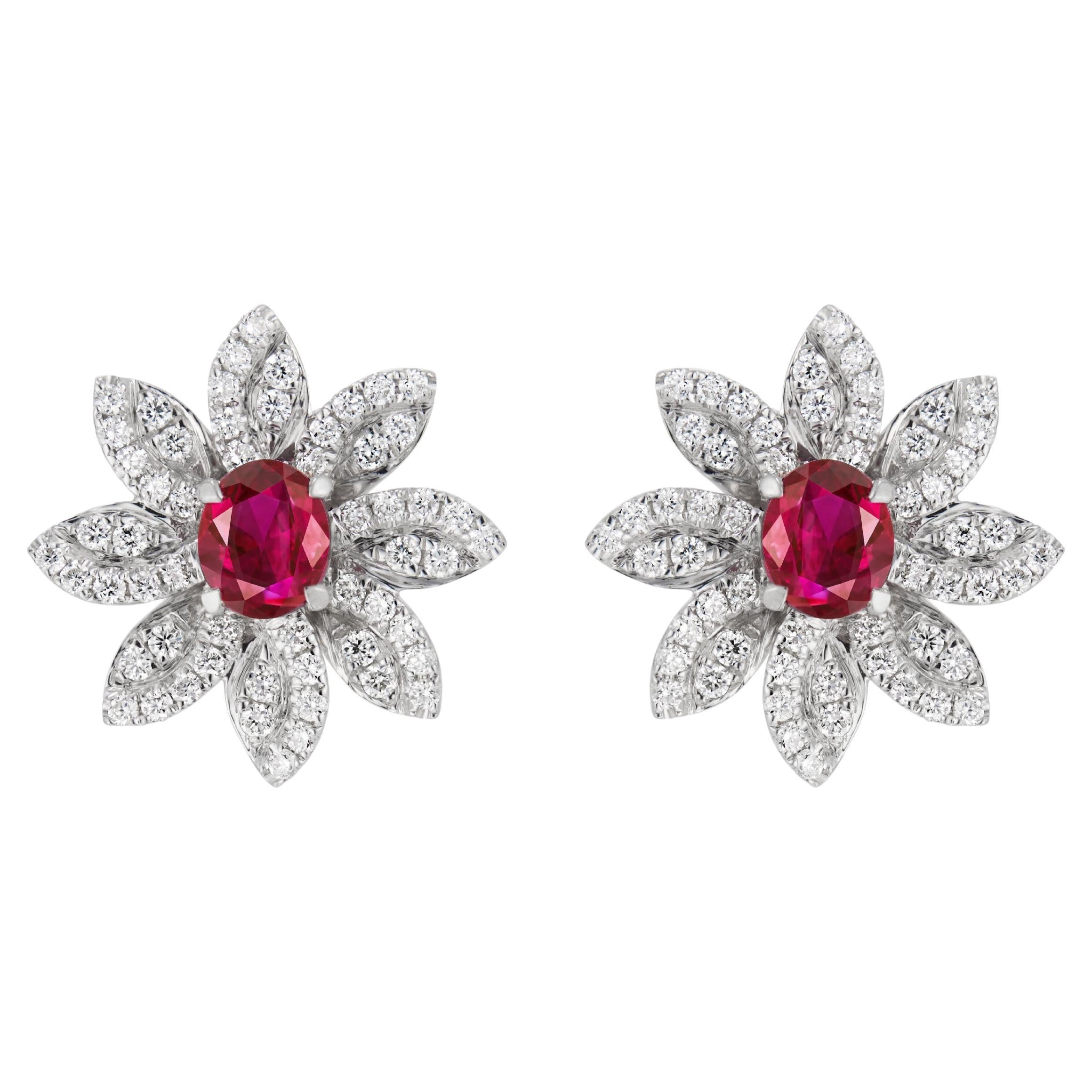 GIA Certified Dazzling Sunflowers No Heat Burmese Ruby and Diamond Studs For Sale